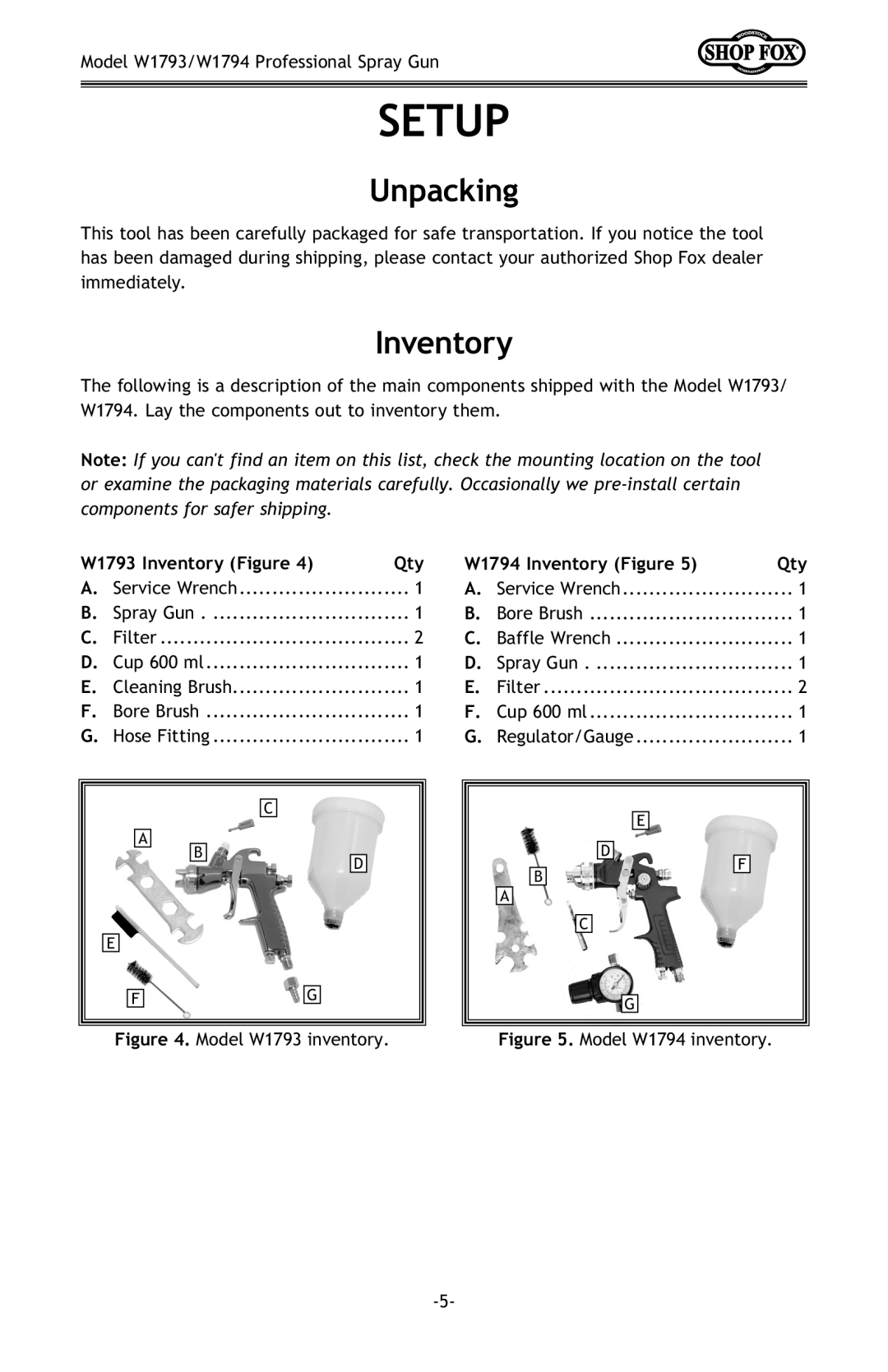 Woodstock W1794, W1793 owner manual Setup, Unpacking, Inventory 