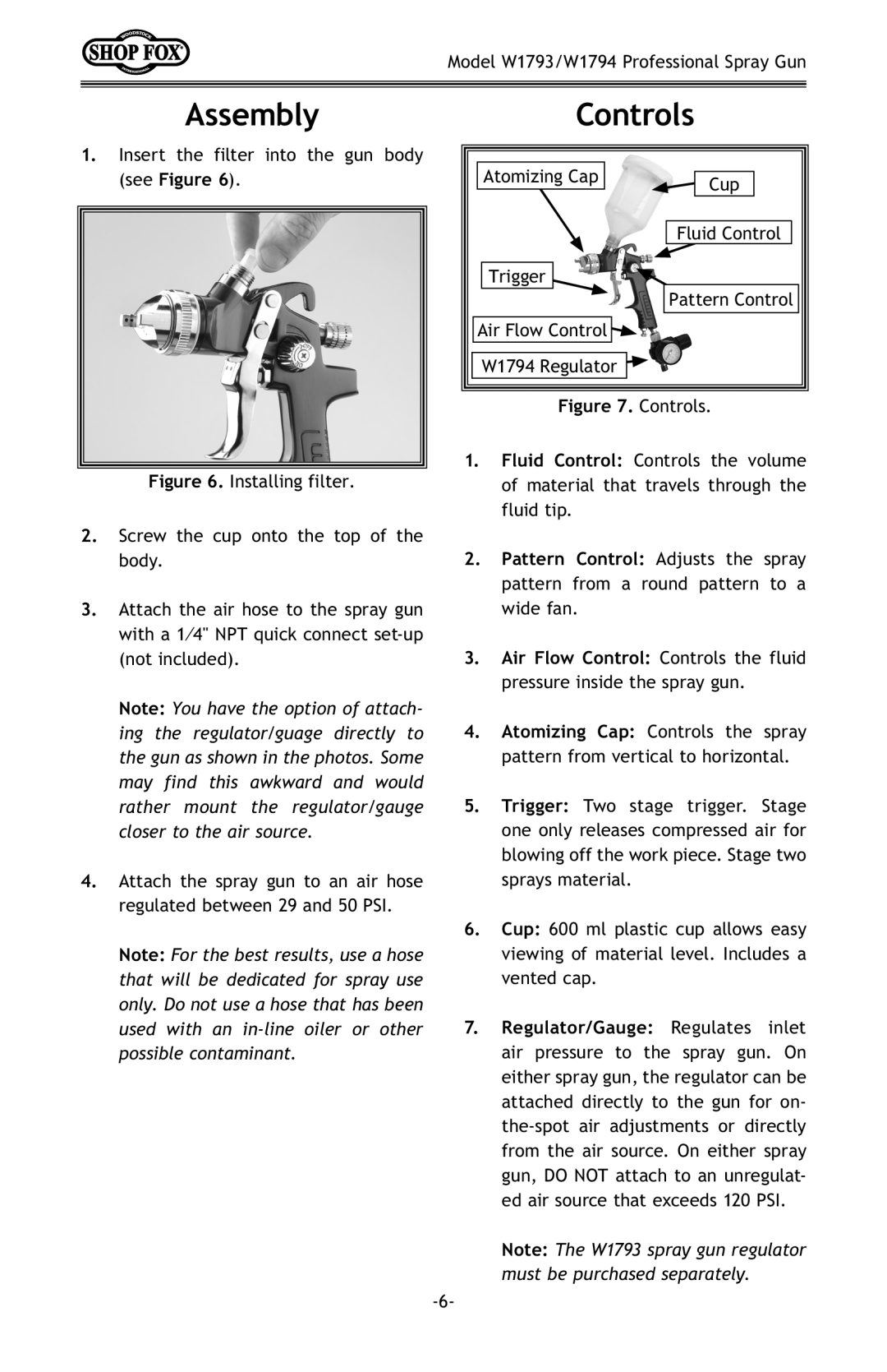 Woodstock W1793, W1794 owner manual Assembly, Controls 