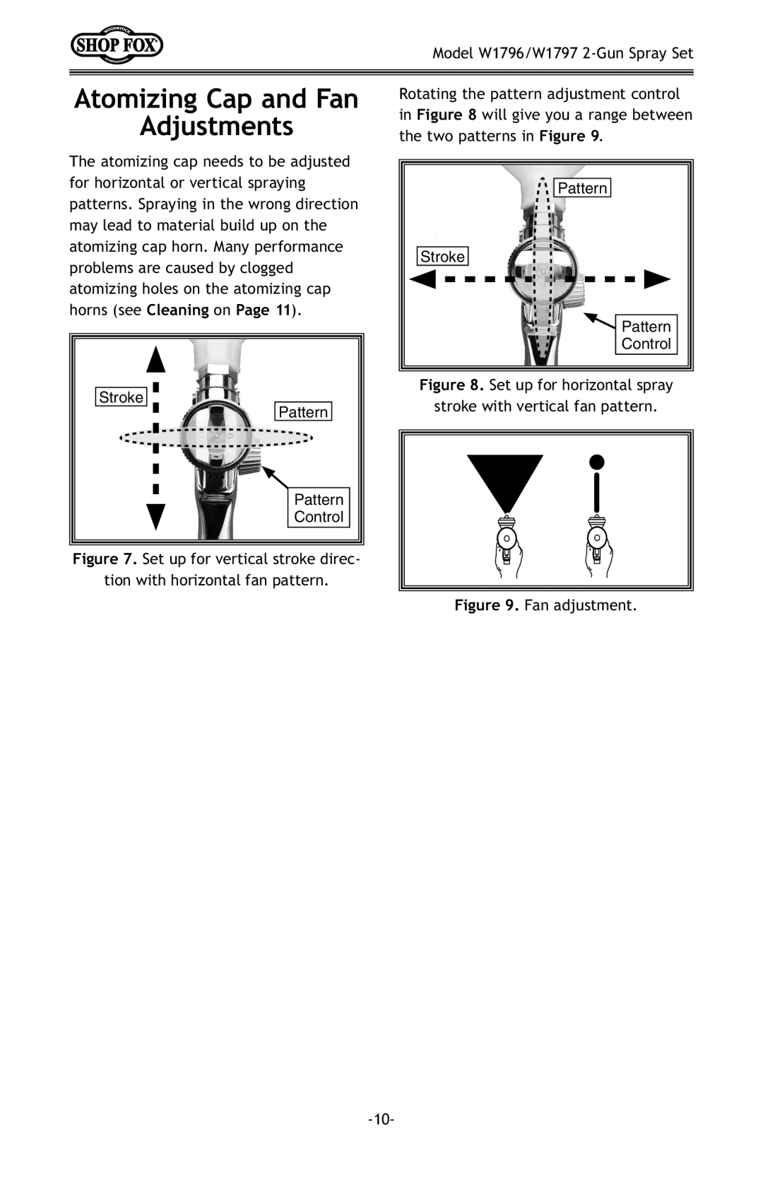 Woodstock W1797, W1796 Atomizing Cap and Fan Adjustments, Set up for horizontal spray Stroke with vertical fan pattern 