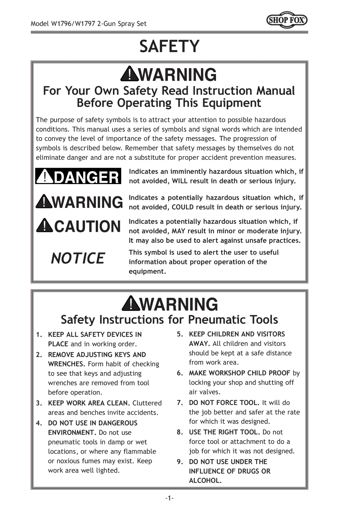 Woodstock W1796, W1797 owner manual Before Operating This Equipment, Safety Instructions for Pneumatic Tools 