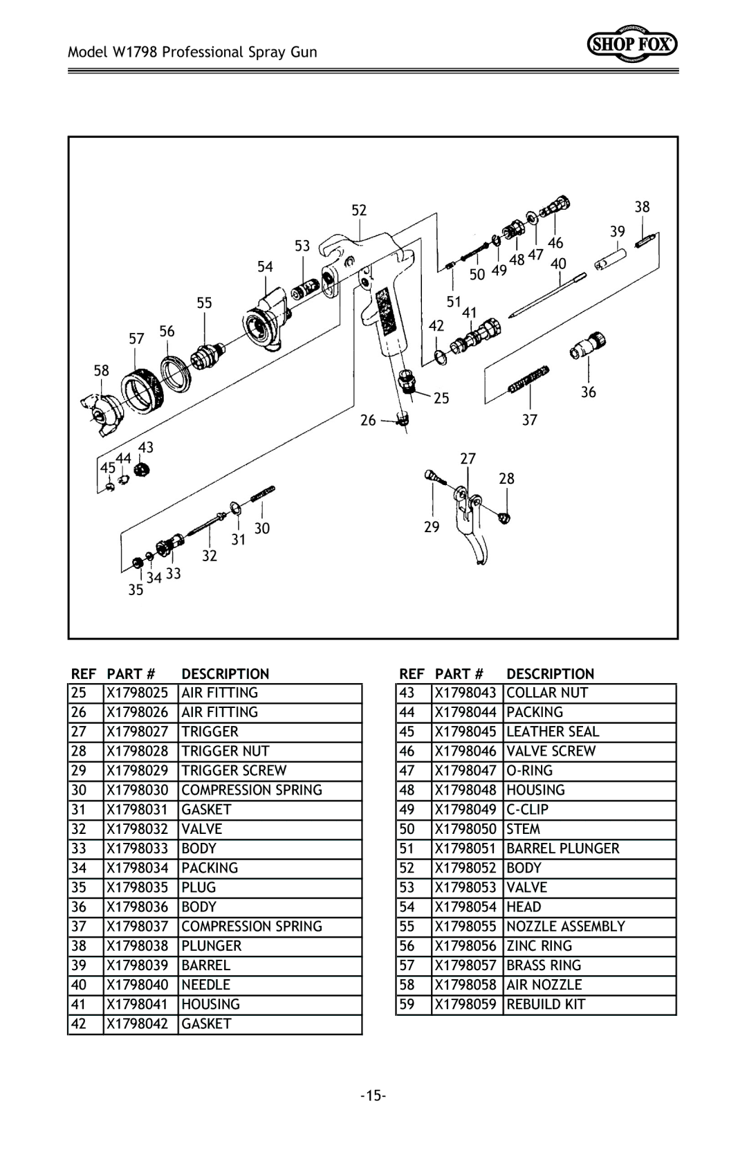 Woodstock W1798 owner manual Part # Description 