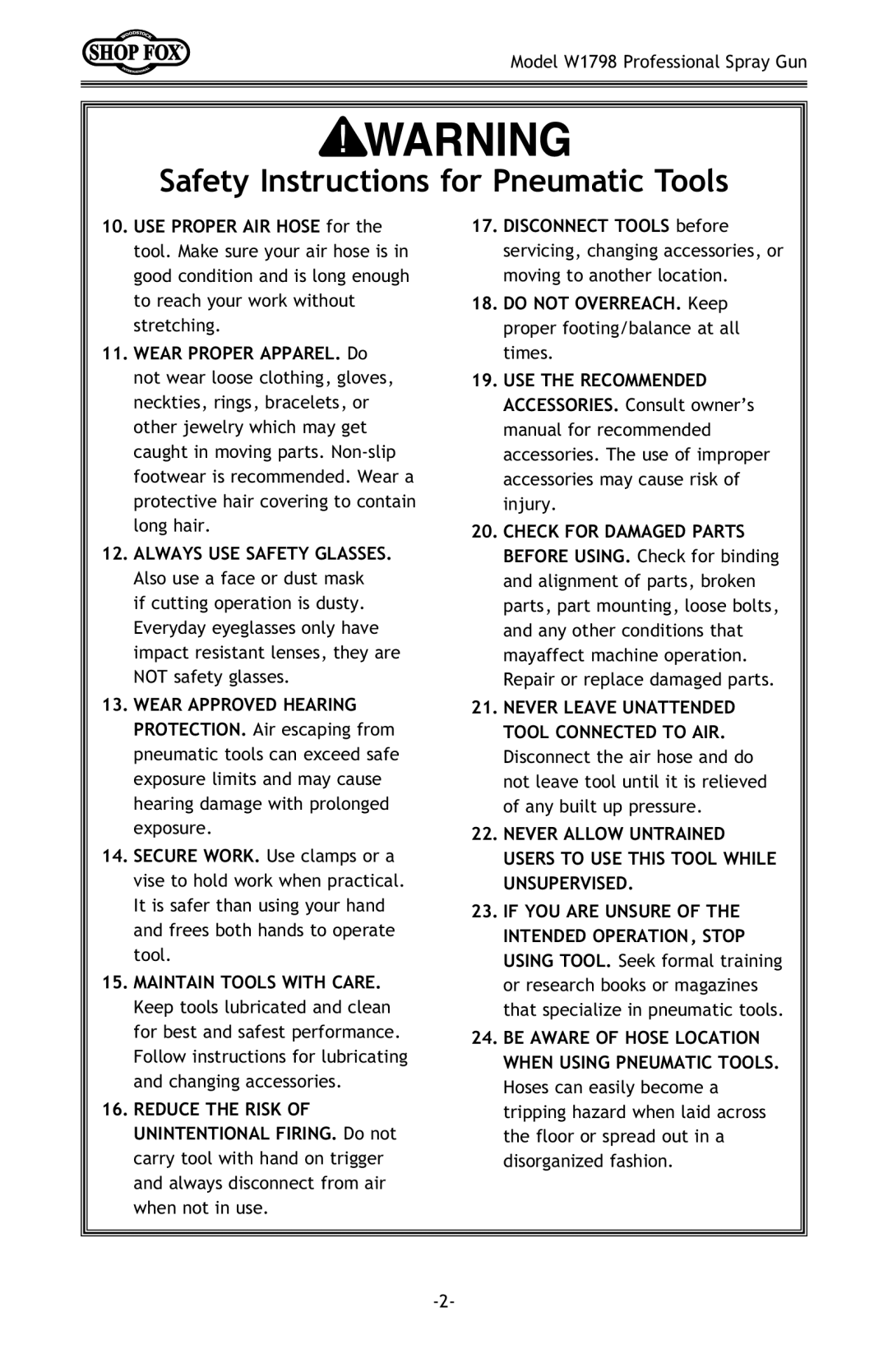 Woodstock W1798 owner manual Always USE Safety Glasses 