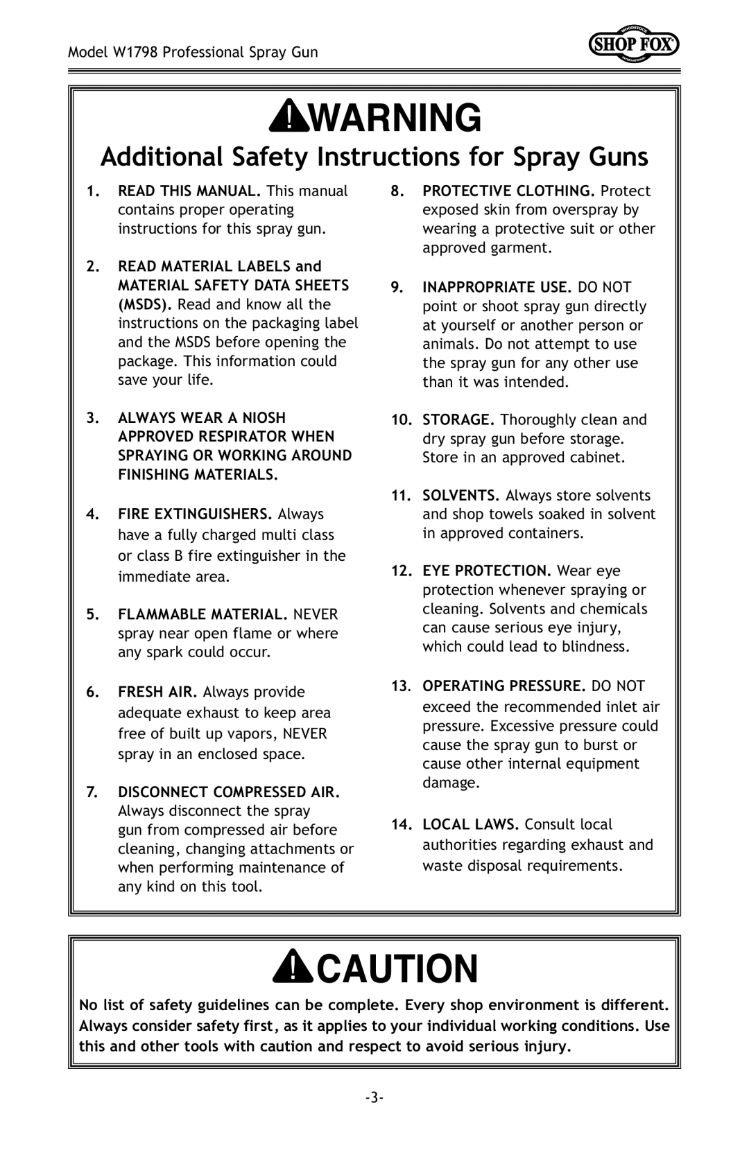 Woodstock W1798 owner manual Additional Safety Instructions for Spray Guns, Disconnect Compressed AIR 