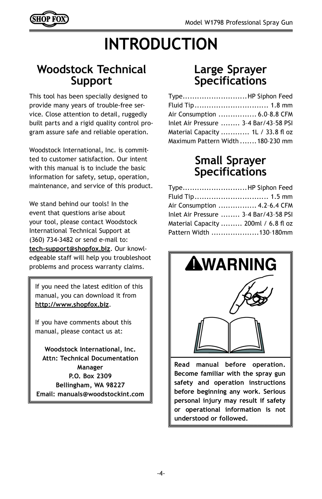 Woodstock W1798 owner manual Introduction, Small Sprayer Specifications 