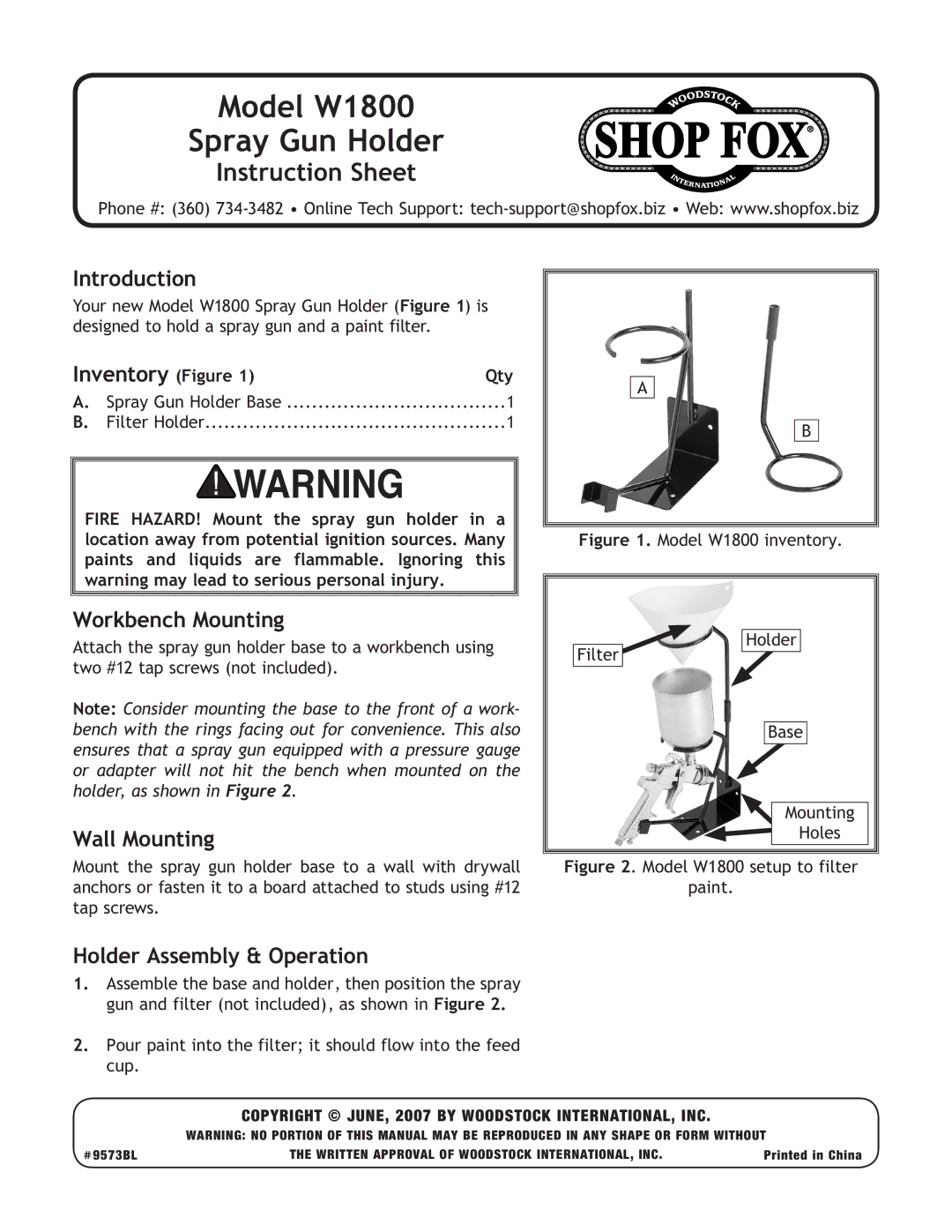 Woodstock instruction sheet Model W1800 Spray Gun Holder, Instruction Sheet 