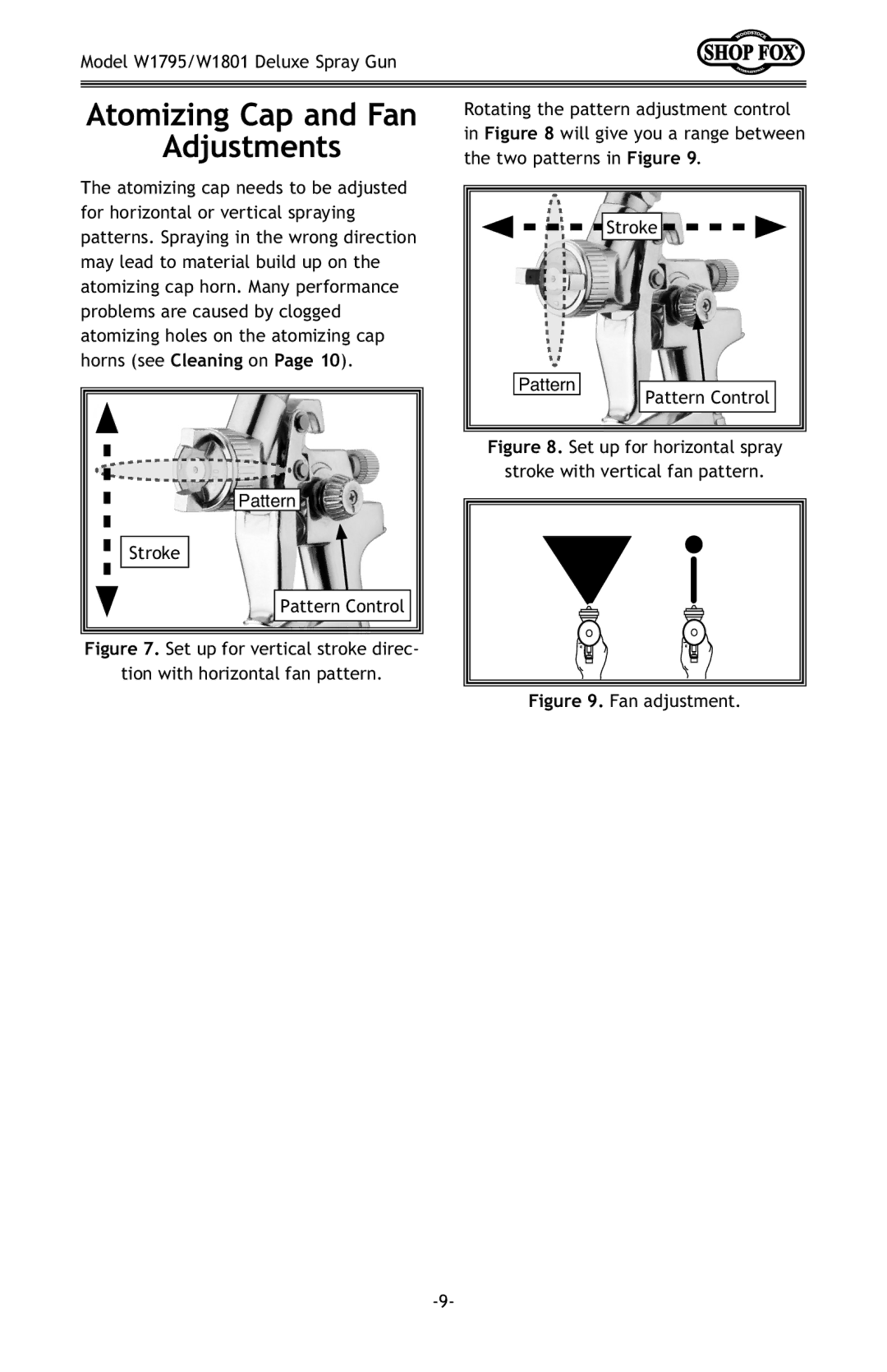 Woodstock W1795, W1801 Atomizing Cap and Fan Adjustments, Set up for horizontal spray Stroke with vertical fan pattern 