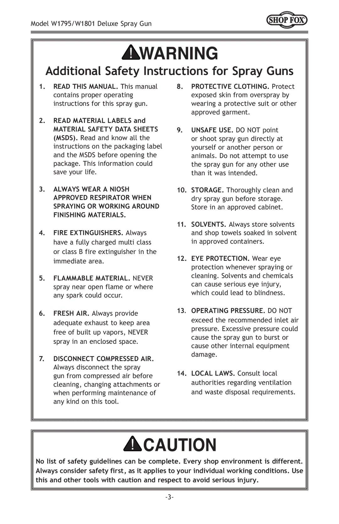 Woodstock W1795, W1801 owner manual Additional Safety Instructions for Spray Guns, Disconnect Compressed AIR 