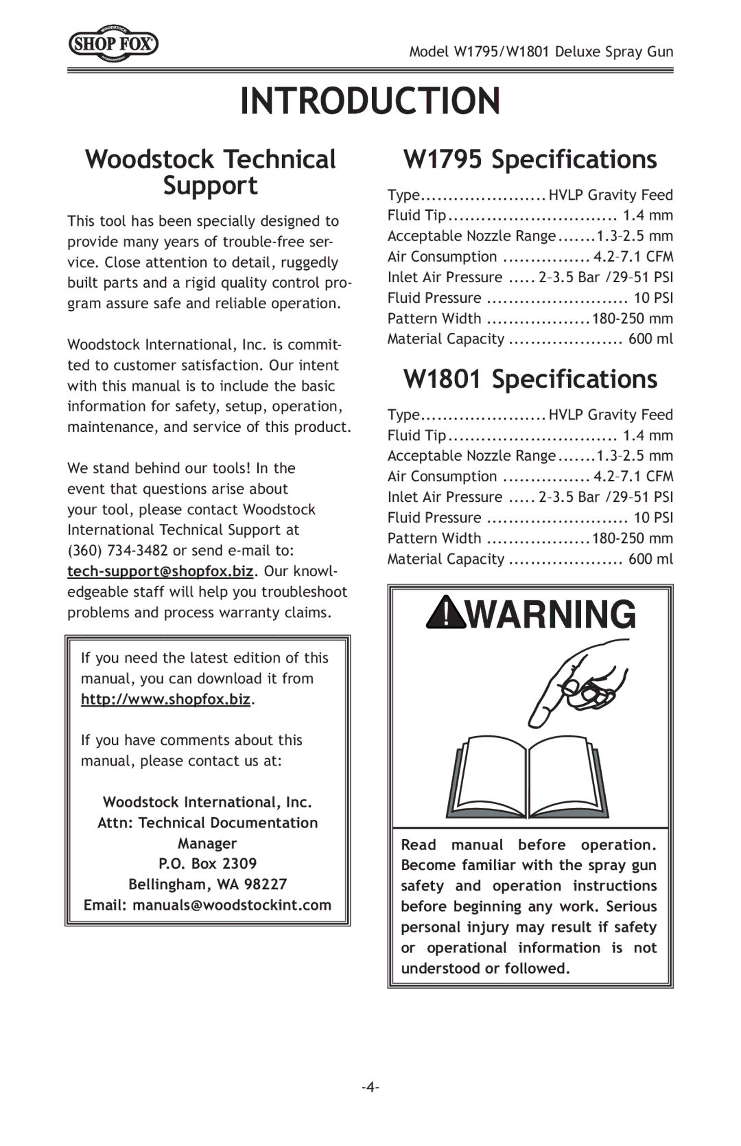 Woodstock owner manual Introduction, Woodstock Technical Support, W1795 Specifications, W1801 Specifications 