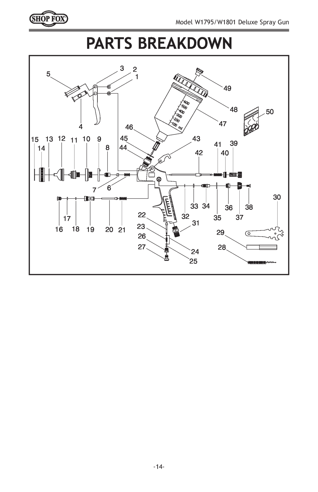 Woodstock owner manual Parts Breakdown, Model W1795/W1801 Deluxe Spray Gun 