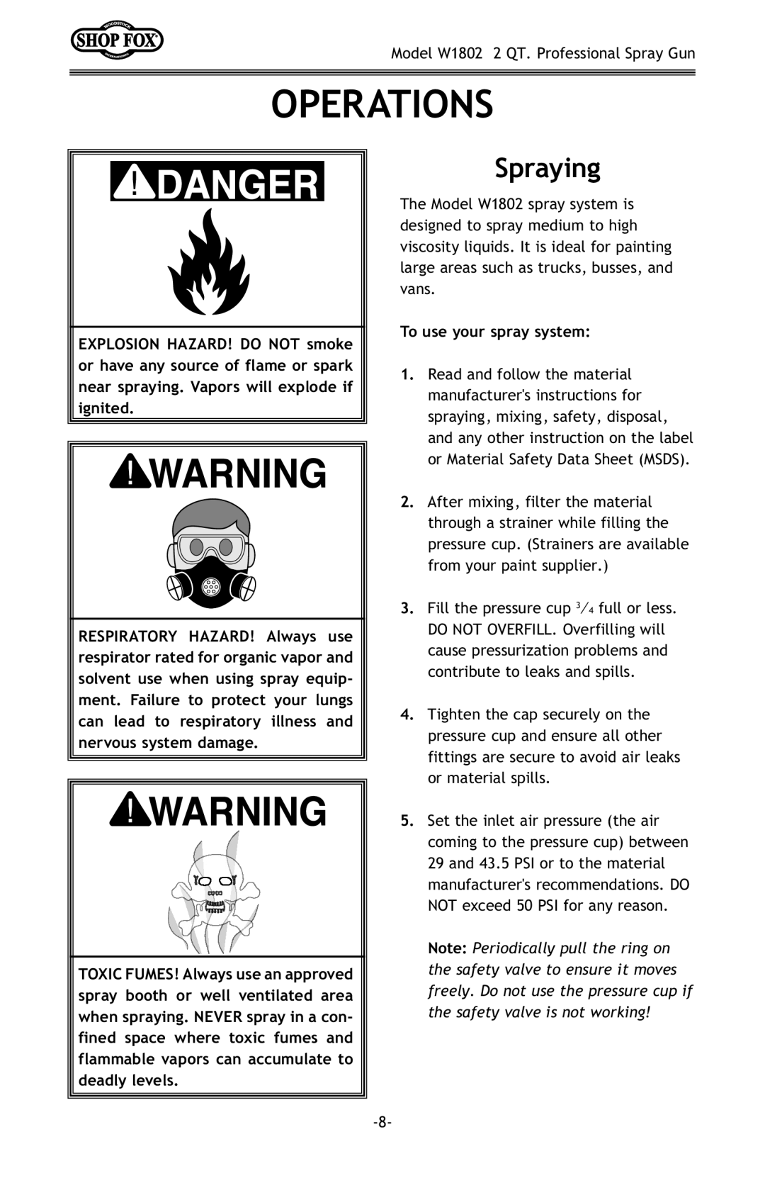 Woodstock W1802 owner manual Operations, Spraying 