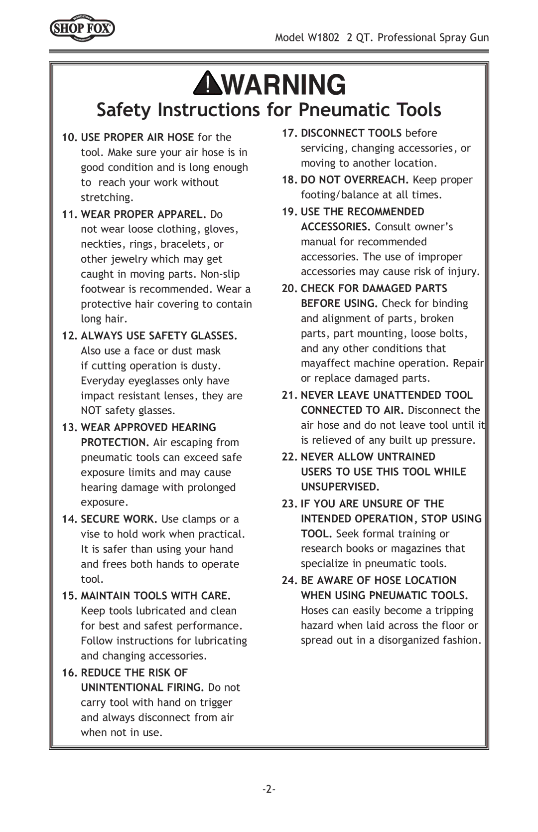 Woodstock W1802 owner manual Always USE Safety Glasses 