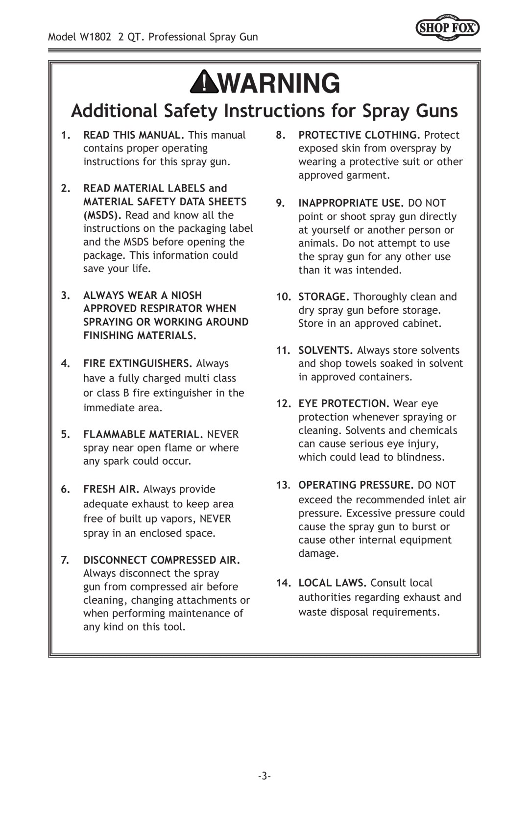 Woodstock W1802 owner manual Additional Safety Instructions for Spray Guns, Disconnect Compressed AIR 