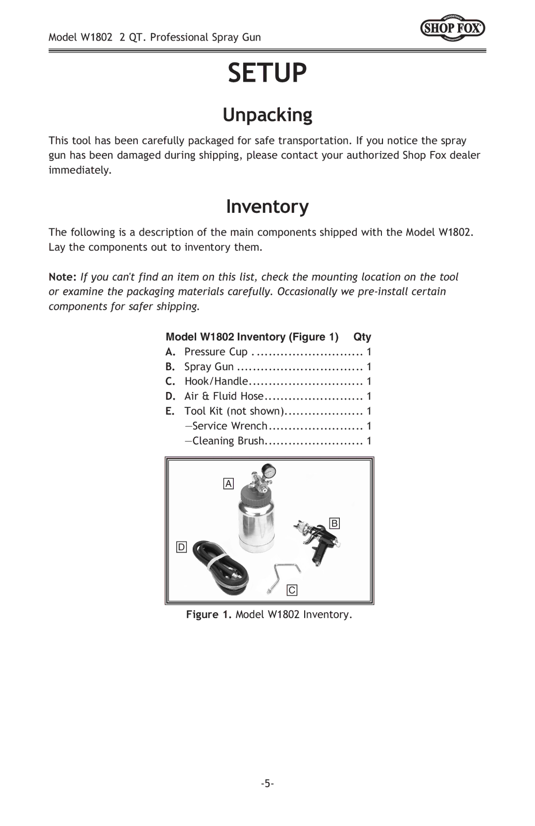 Woodstock W1802 owner manual Setup, Unpacking, Inventory 