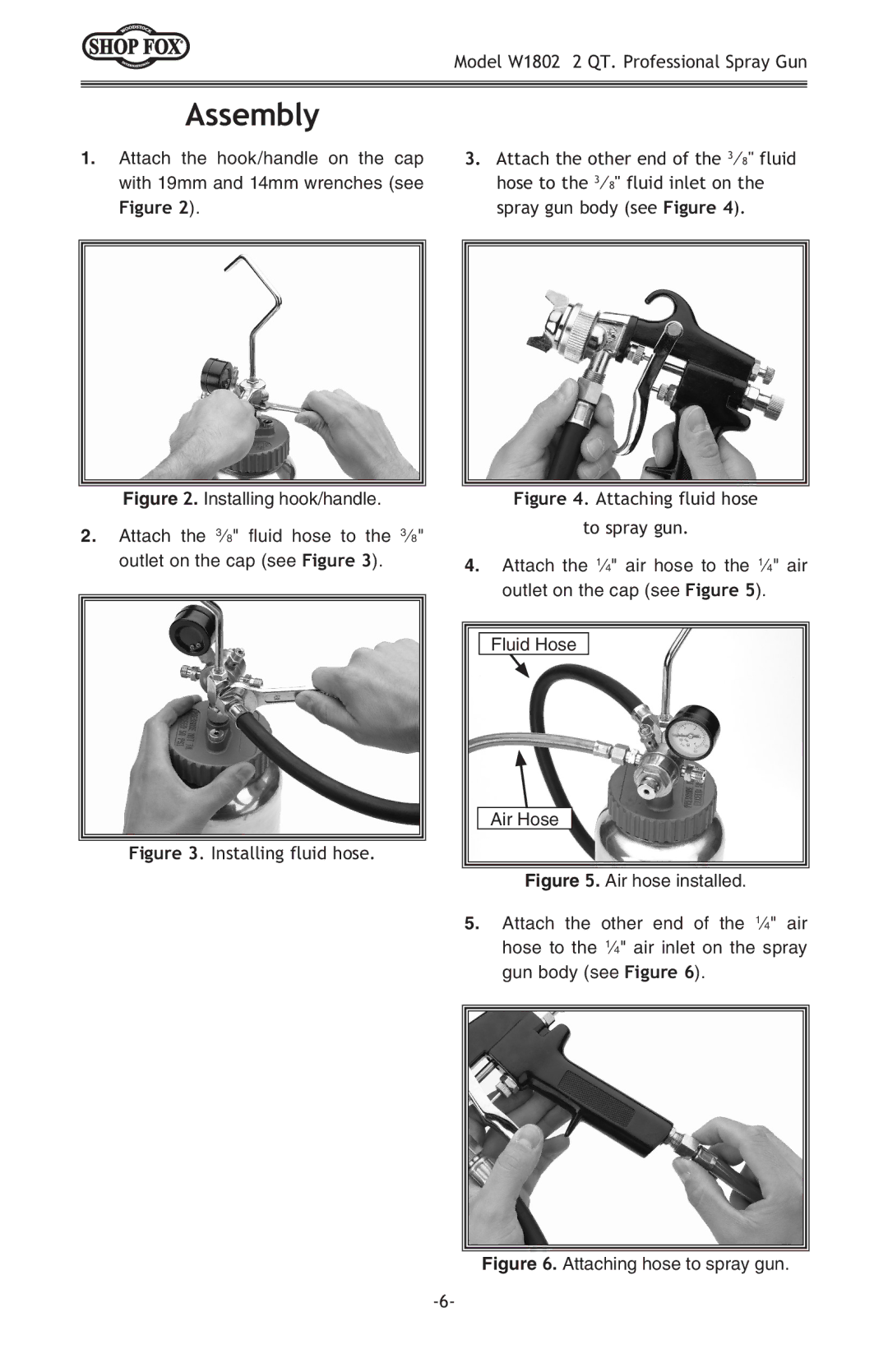 Woodstock W1802 owner manual Assembly, Installing fluid hose 