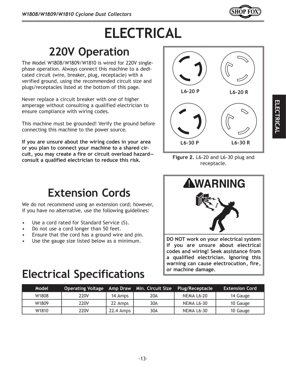 Woodstock W1810, W1809, W1808 owner manual 220V Operation, Extension Cords, Electrical Specifications 