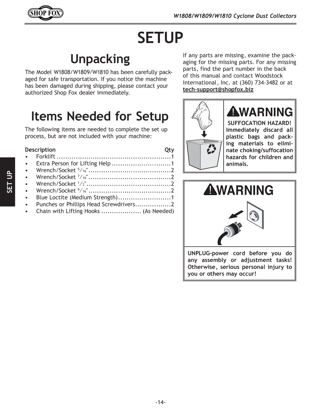 Woodstock W1809, W1810, W1808 owner manual Unpacking, Items Needed for Setup, Description Qty 