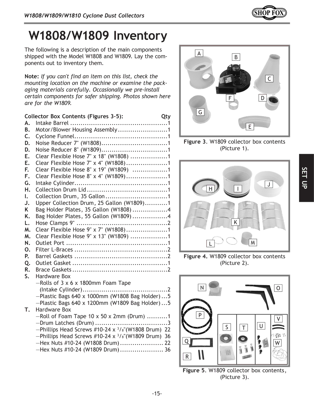 Woodstock W1810 owner manual W1808/W1809 Inventory, Collector Box Contents Figures Qty 