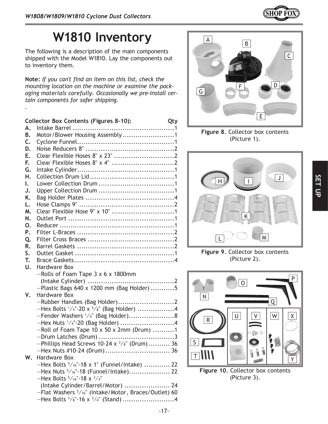 Woodstock W1809, W1808 owner manual W1810 Inventory, Hardware Box Rubber Handles Bag Holder 