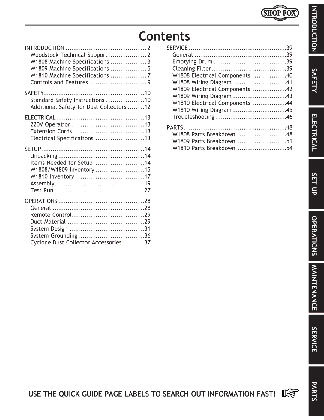 Woodstock W1810, W1809, W1808 owner manual Contents 