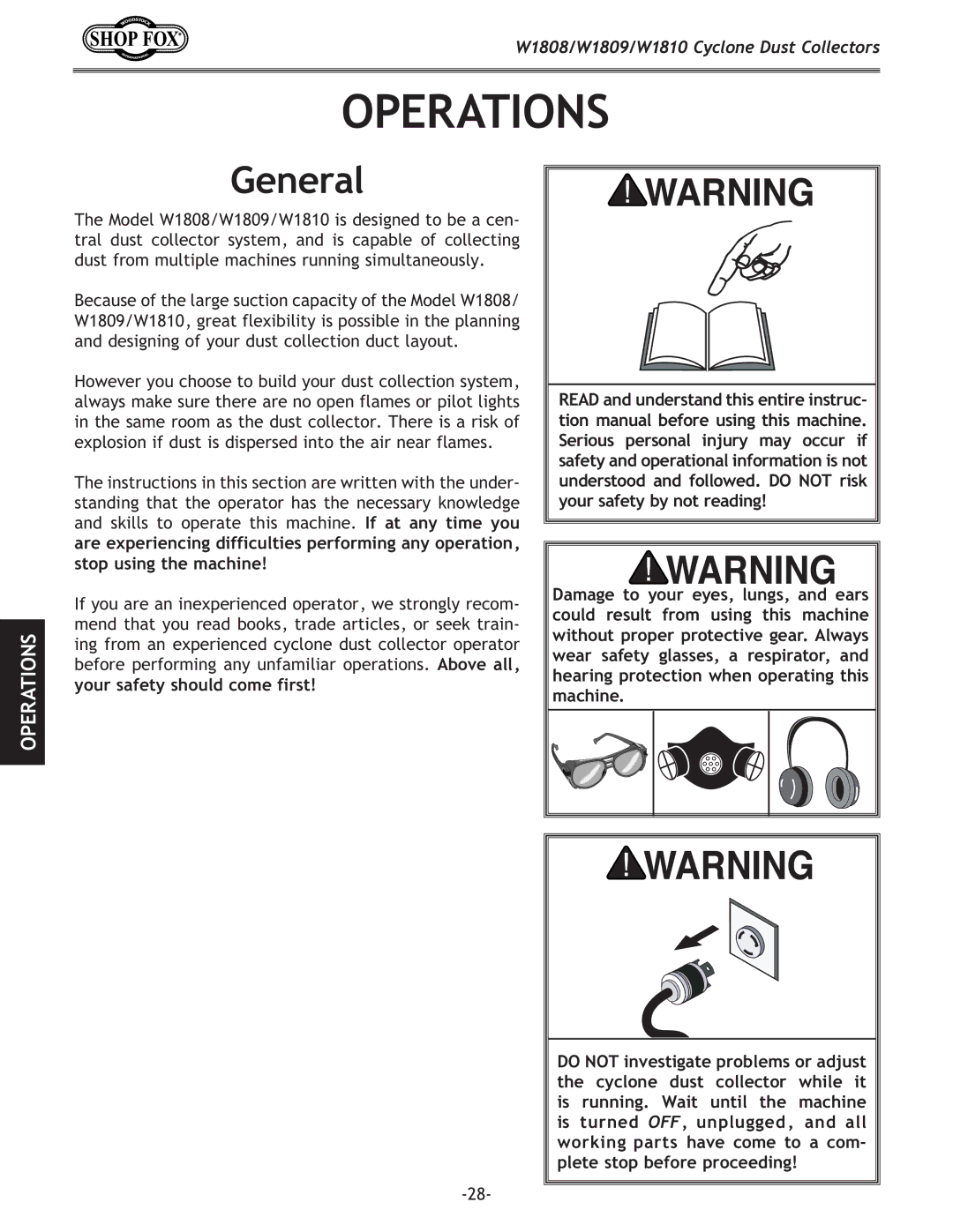 Woodstock W1810, W1809, W1808 owner manual Operations, General 