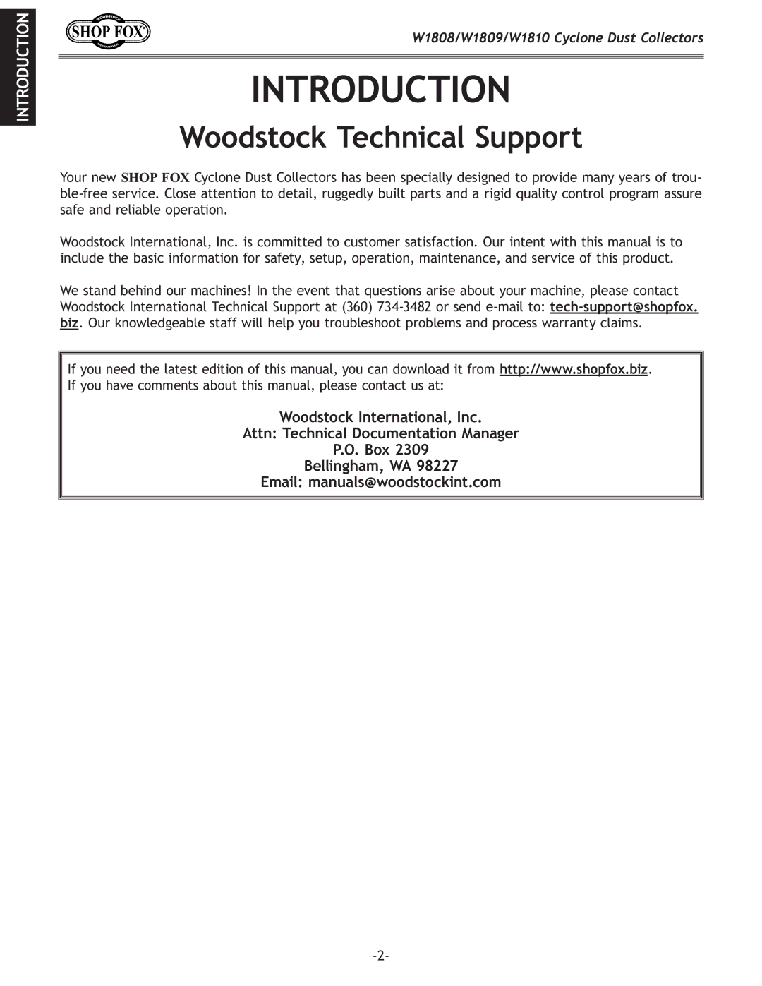 Woodstock W1809, W1810, W1808 owner manual Introduction, Woodstock Technical Support 