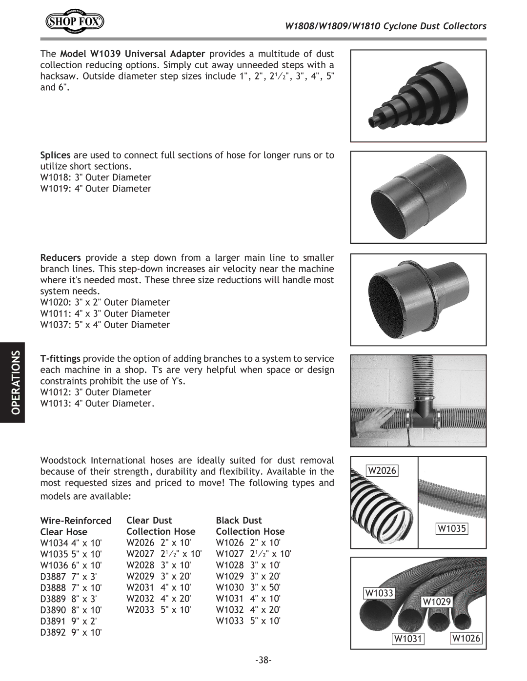 Woodstock W1809, W1810, W1808 owner manual Wire-Reinforced Clear Dust Clear Hose Collection Hose 