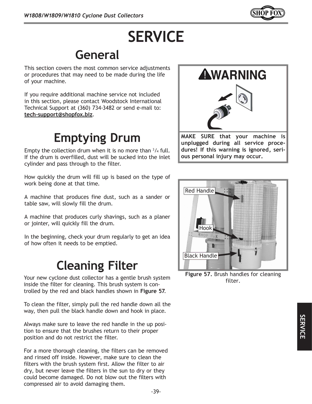 Woodstock W1808, W1810, W1809 owner manual Emptying Drum, Cleaning Filter 