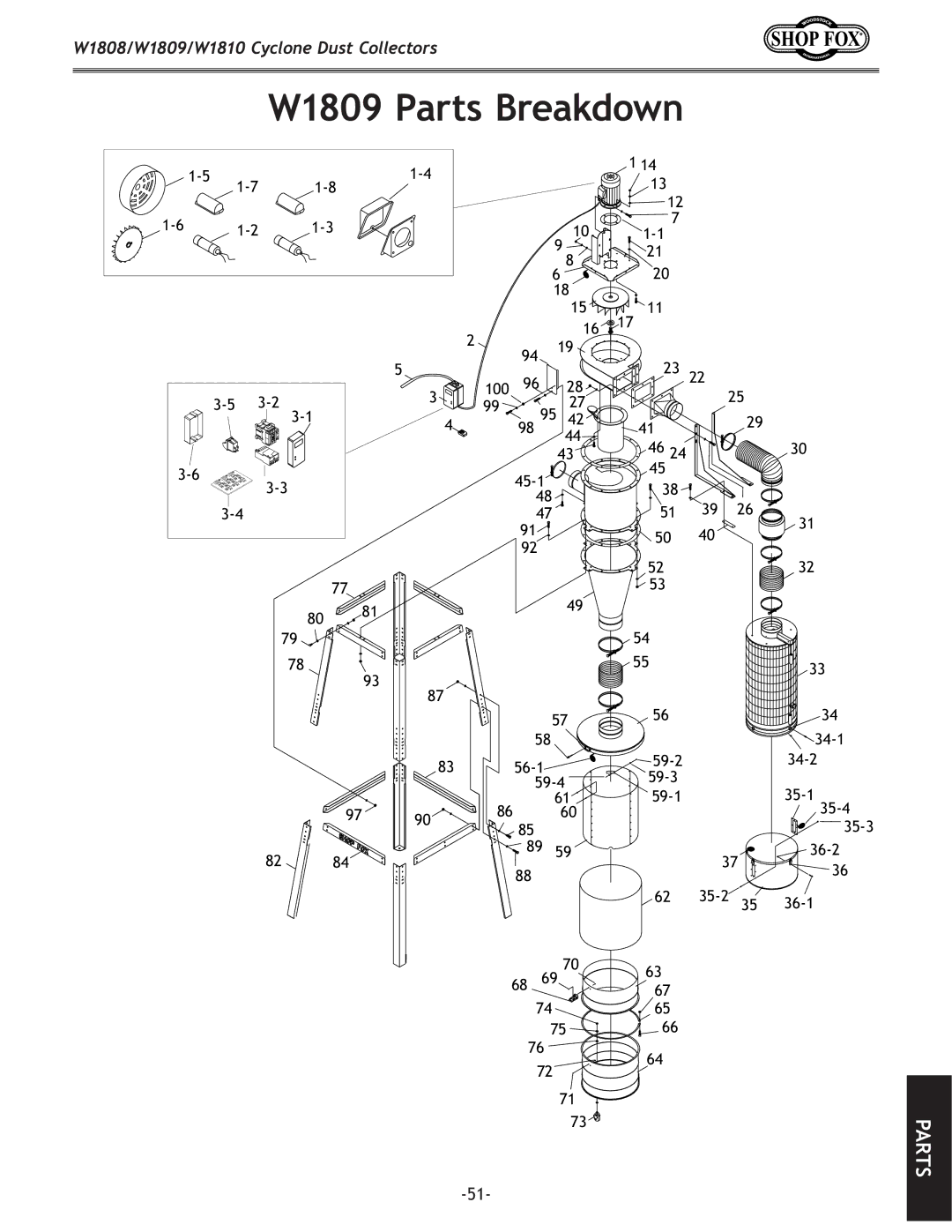 Woodstock W1808, W1810 owner manual W1809 Parts Breakdown 