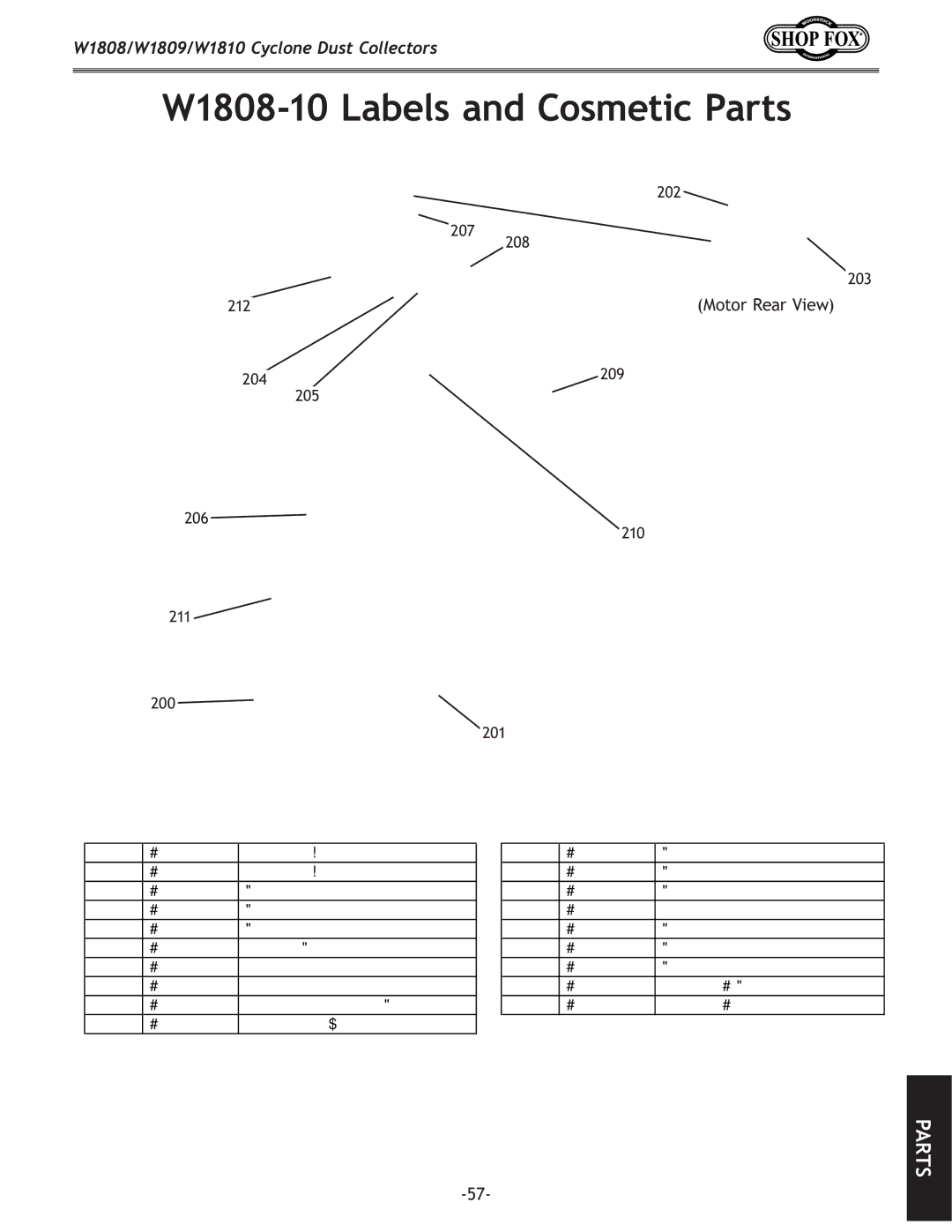 Woodstock W1810, W1809 owner manual W1808-10 Labels and Cosmetic Parts, Motor Rear View 