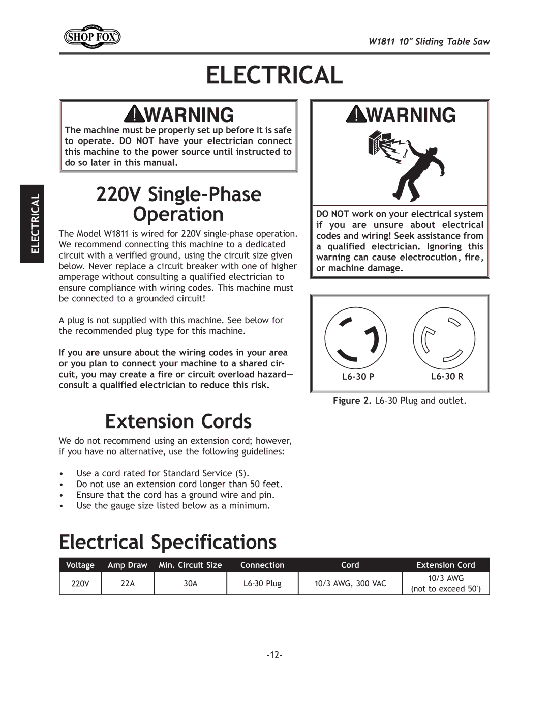 Woodstock W1811 manual Ok\ej`fefij, Zki`ZXcJg\Z``ZXk`fej, =`li\% L6-30 Plug and outlet 