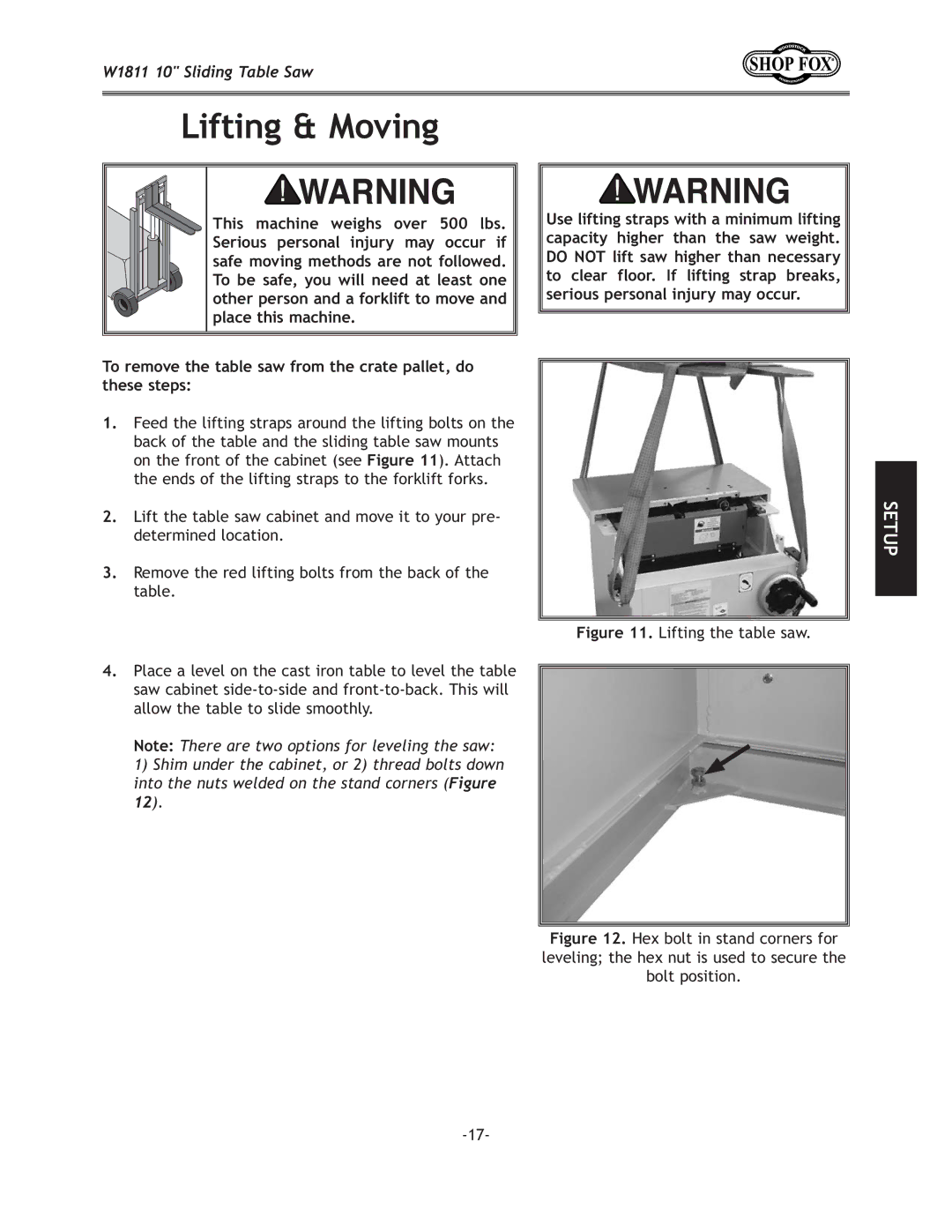 Woodstock W1811 manual `k`eDfm`e, =`li\% Lifting the table saw 