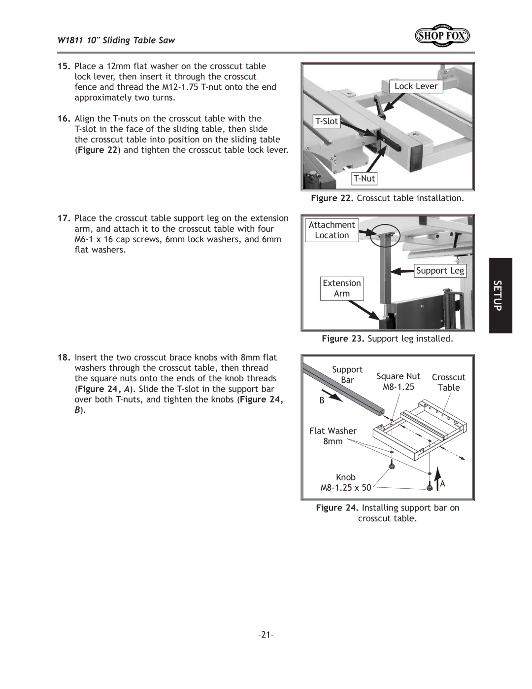 Woodstock W1811 manual Support Leg, Arm, =`li\*% Support leg installed, Over both T-nuts, and tighten the knobs =`li\+# 