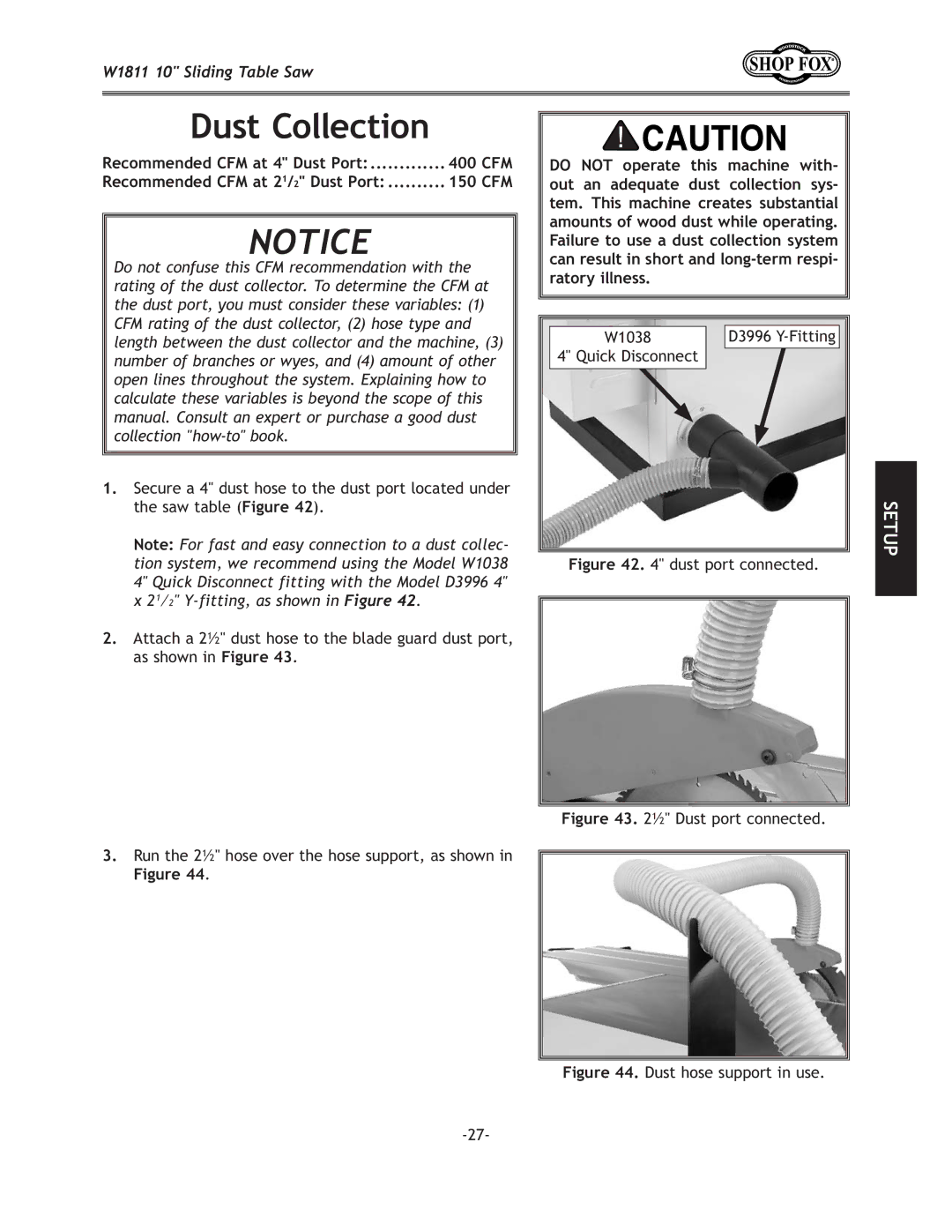 Woodstock W1811 manual Ljkfcc\Zk`fe, W1038, Run the 2½ hose over the hose support, as shown in =`li\++ 