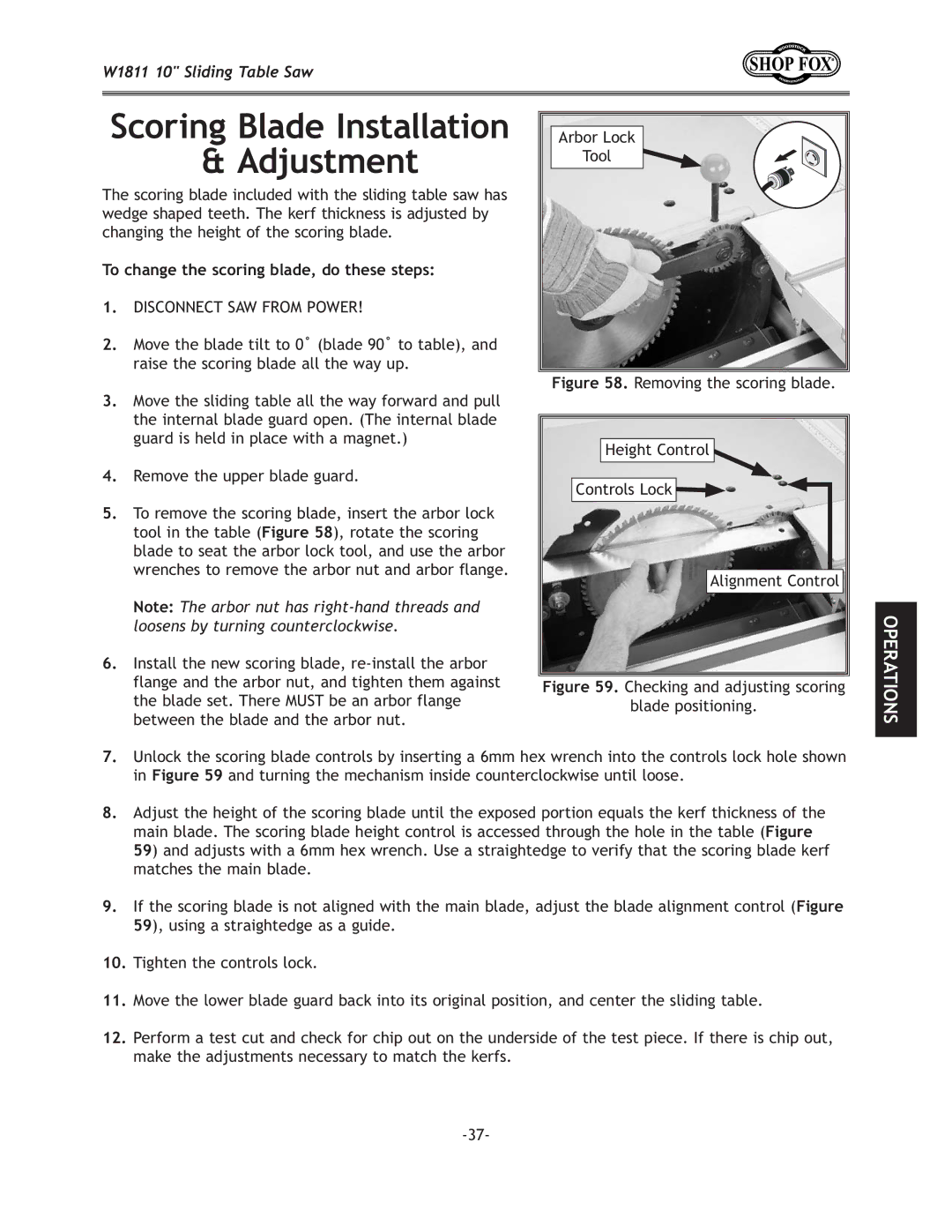 Woodstock W1811 manual JZfi`e9cX\@ejkXccXk`fe 8aljkd\ek, =`li\,0% Checking and adjusting scoring Blade positioning 