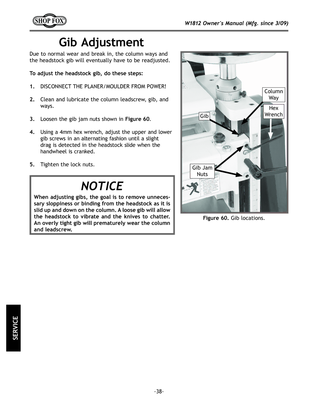 Woodstock W1812 manual `Y8aljkd\ek, To adjust the headstock gib, do these steps 