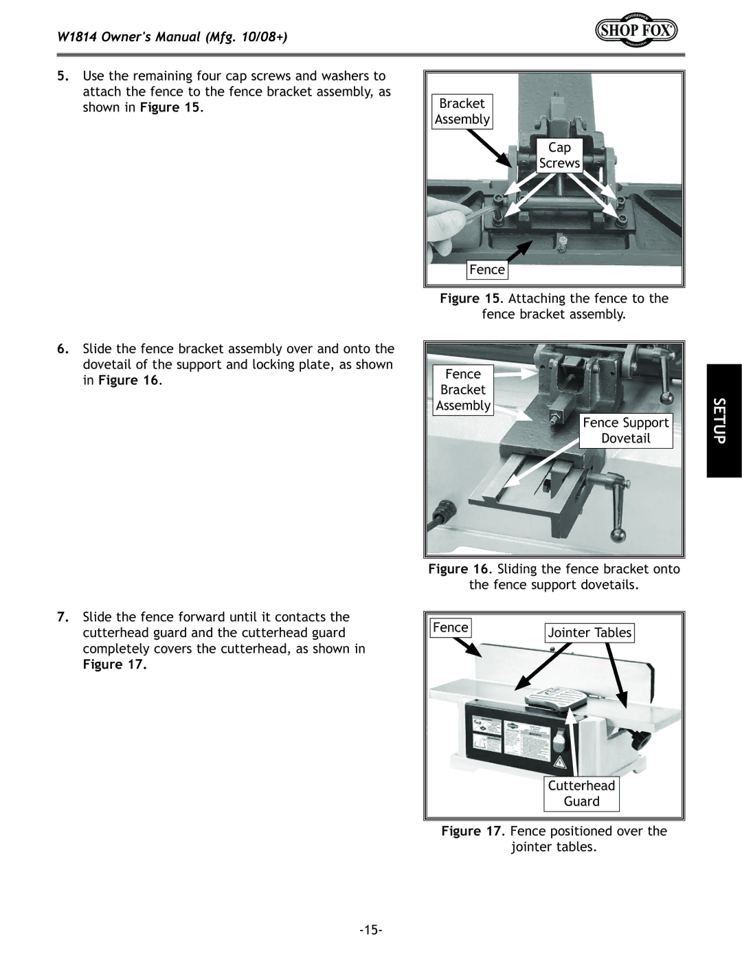 Woodstock W1814 manual =`li\17%, Fence Bracket, Fence Support, Dovetail 