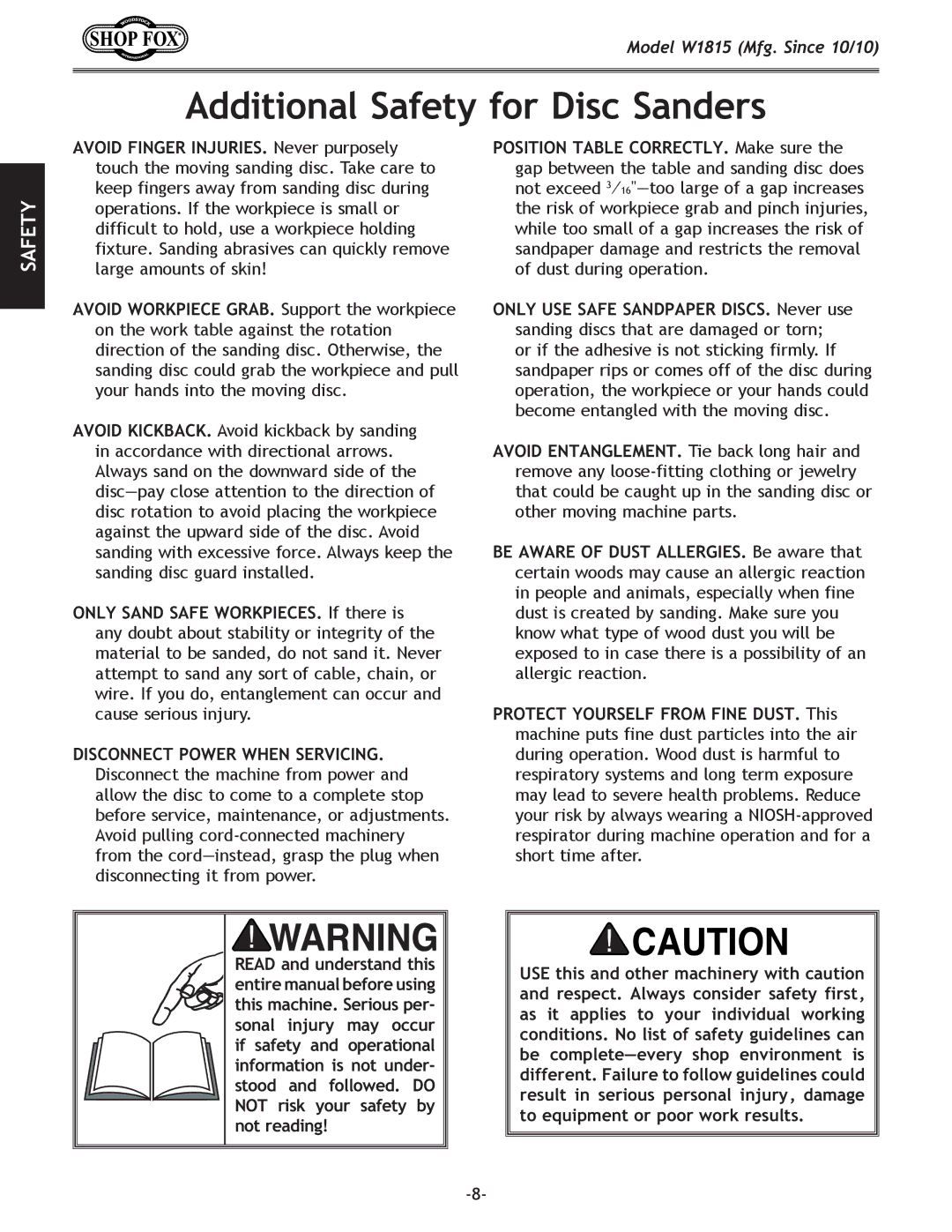 Woodstock W1815 manual Additional Safety for Disc Sanders 