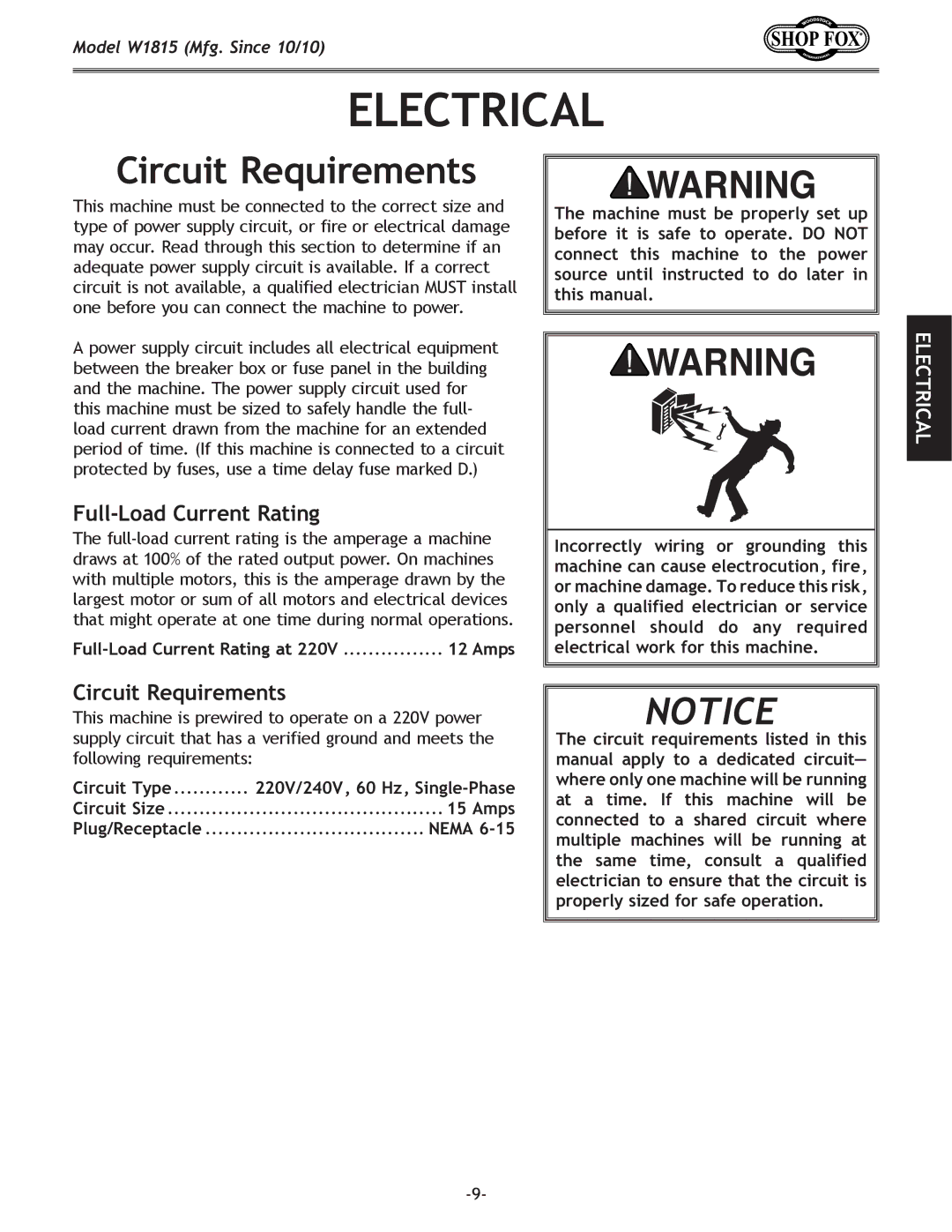 Woodstock W1815 manual Electrical, Circuit Requirements, 220V/240V, 60 Hz, Single-Phase, Amps, Nema 