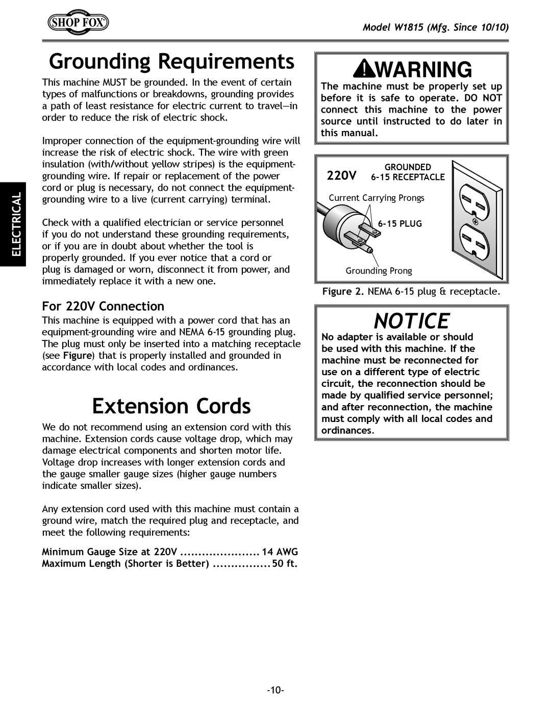 Woodstock W1815 manual Grounding Requirements, Extension Cords 