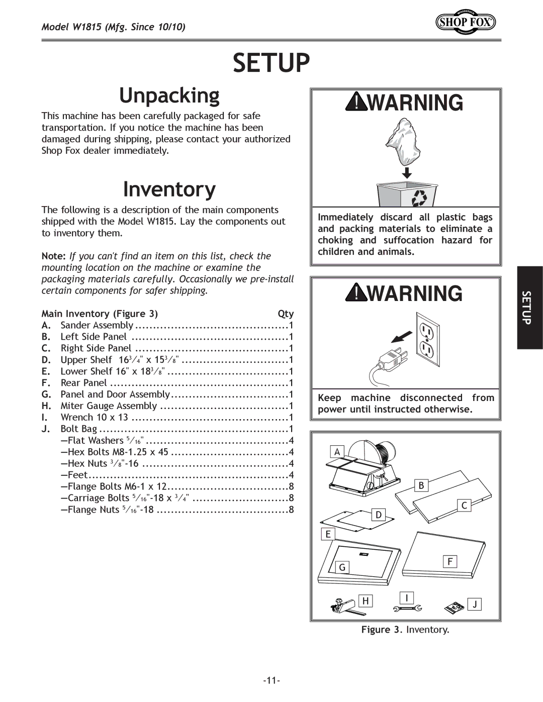 Woodstock W1815 manual Setup, Unpacking, Main Inventory Figure Qty 