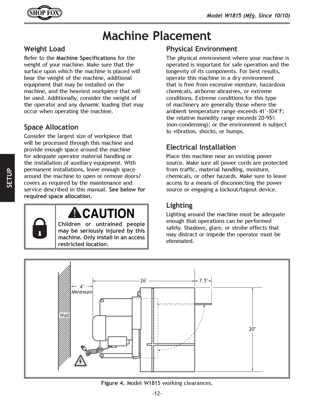 Woodstock W1815 manual Machine Placement, Weight Load 