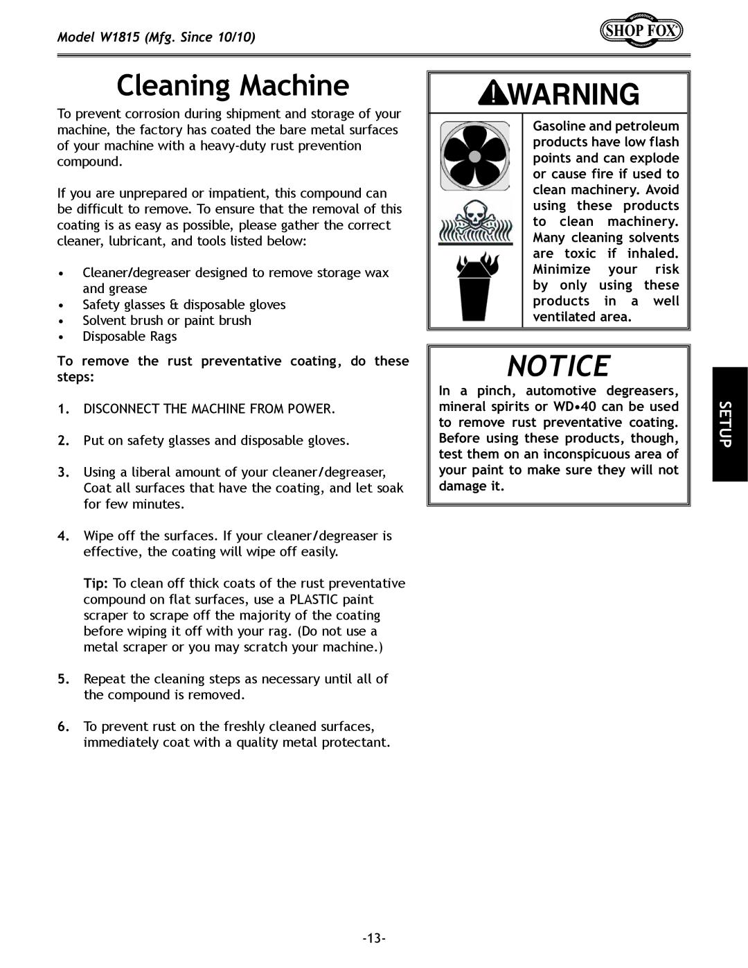 Woodstock W1815 manual Cleaning Machine, To remove the rust preventative coating, do these steps 