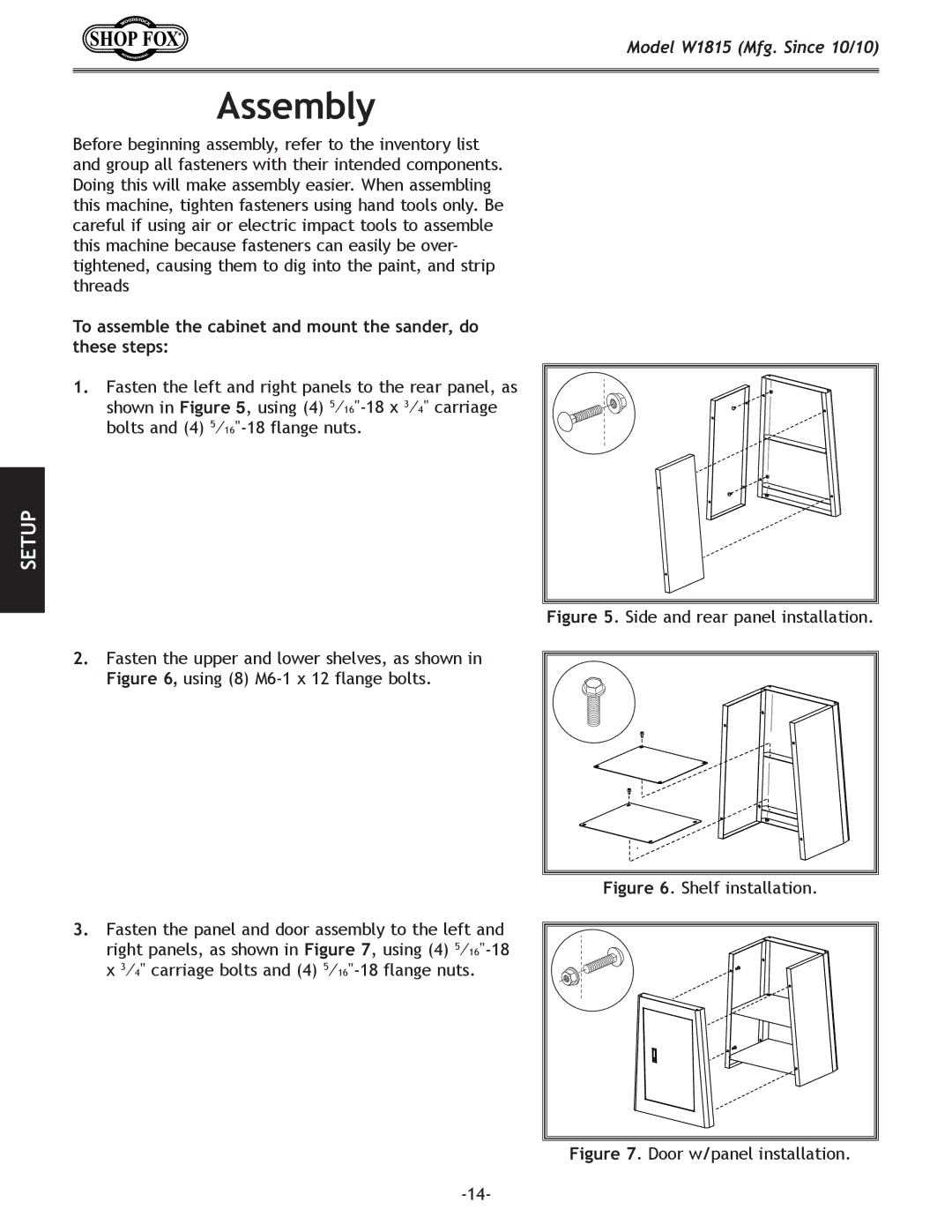 Woodstock W1815 manual Assembly, To assemble the cabinet and mount the sander, do these steps 