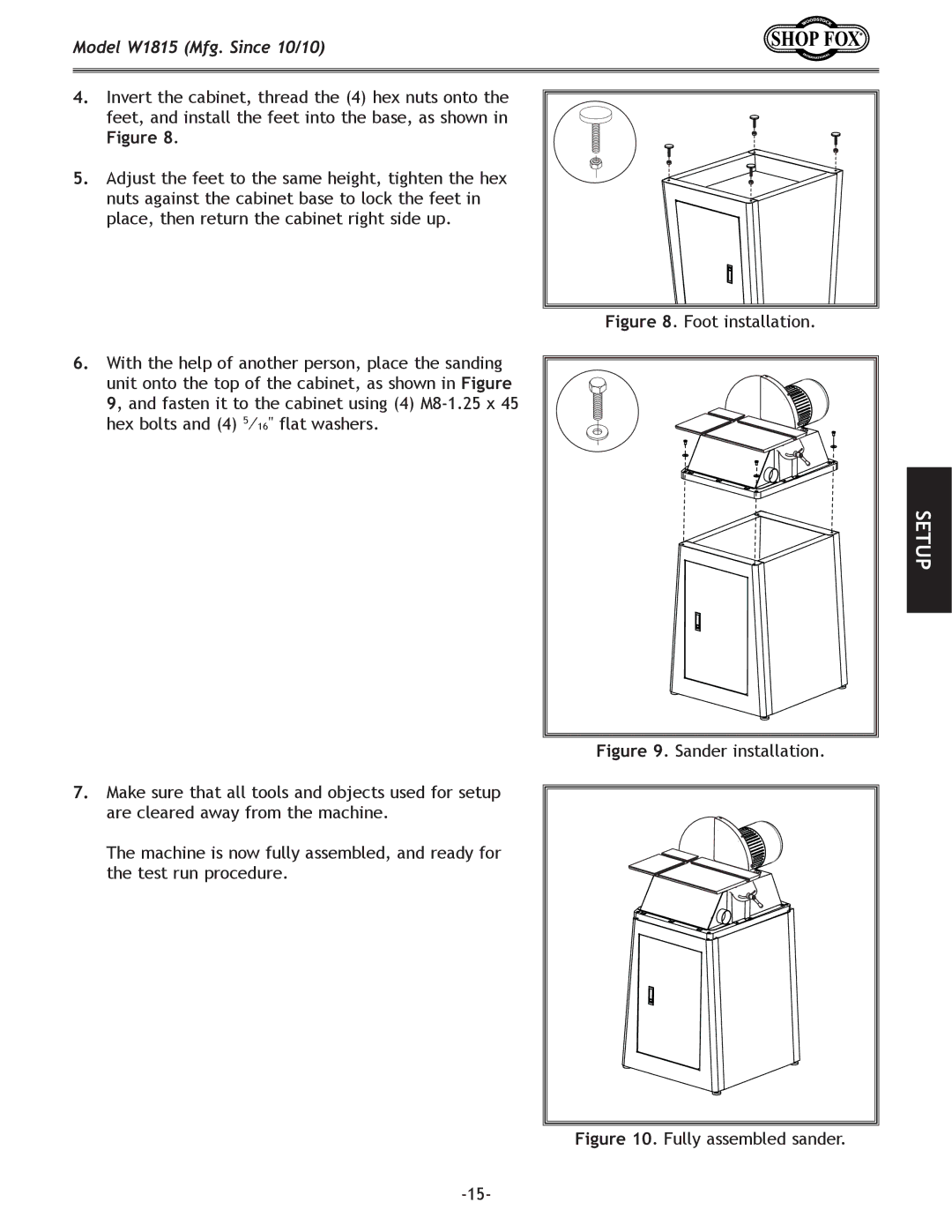 Woodstock W1815 manual Sander installation 