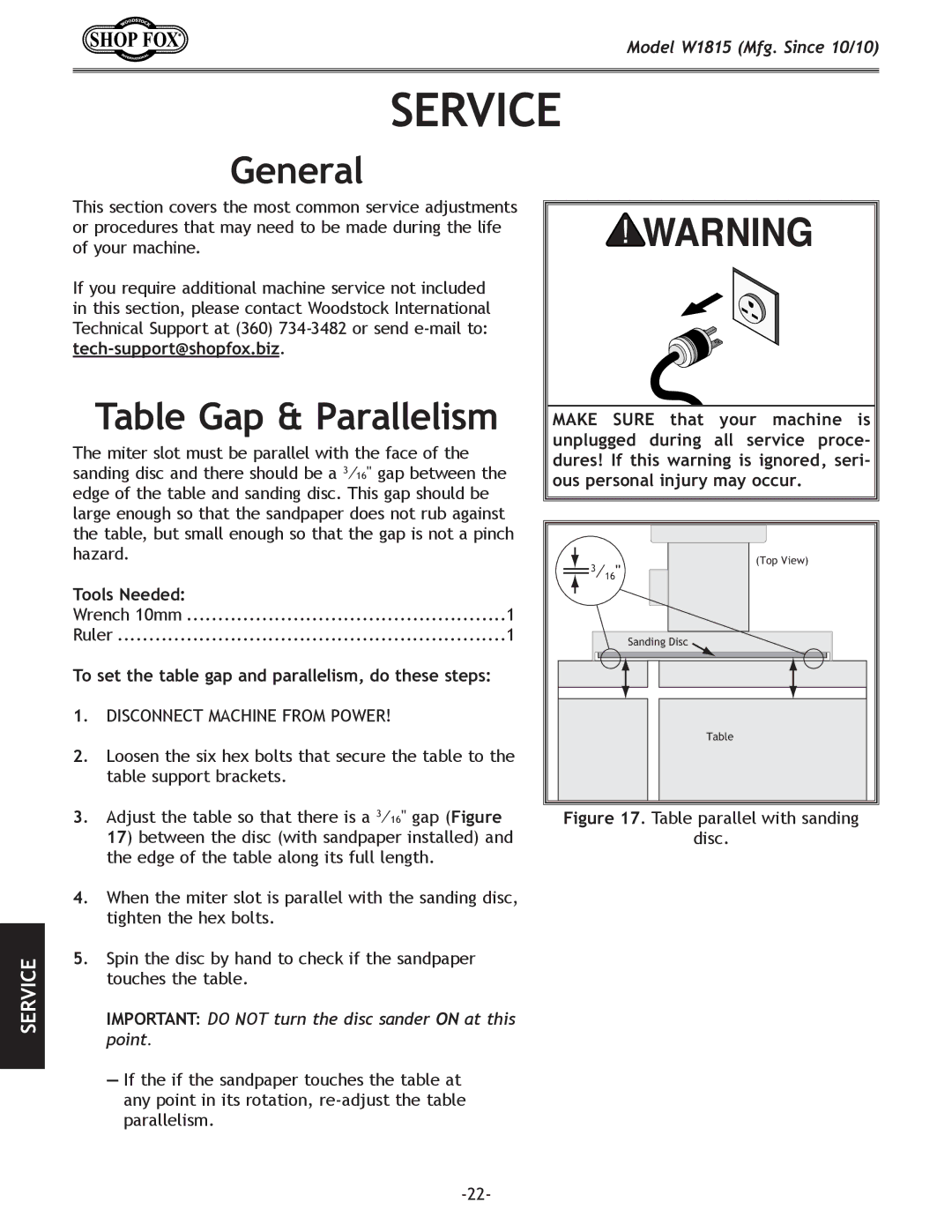 Woodstock W1815 manual Service, General, Table Gap & Parallelism, Tools Needed 