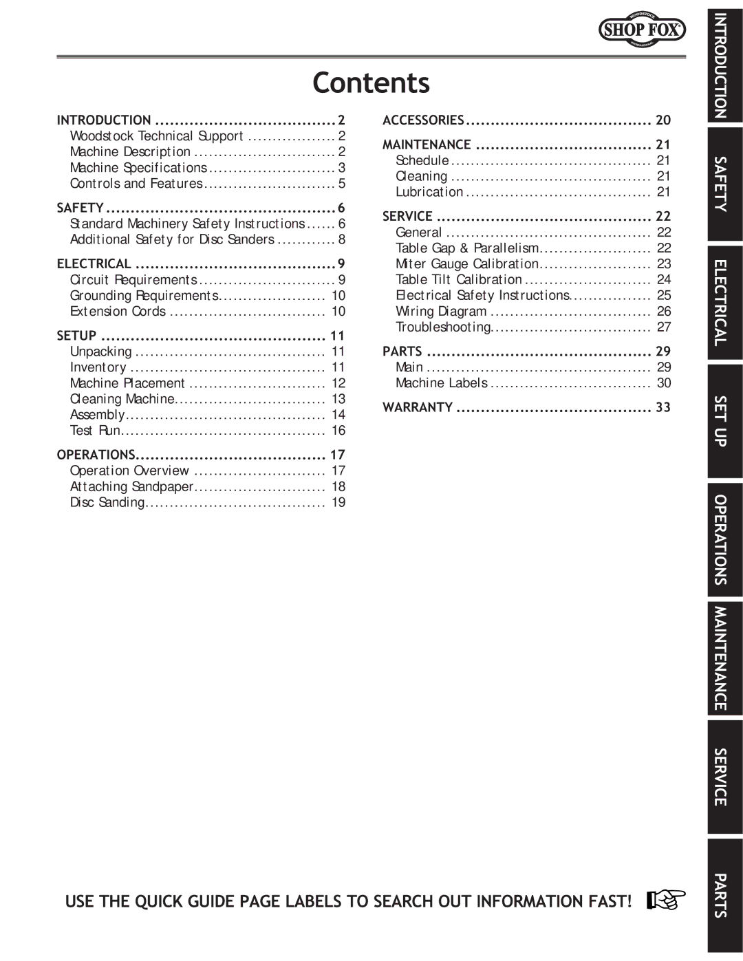 Woodstock W1815 manual Contents 