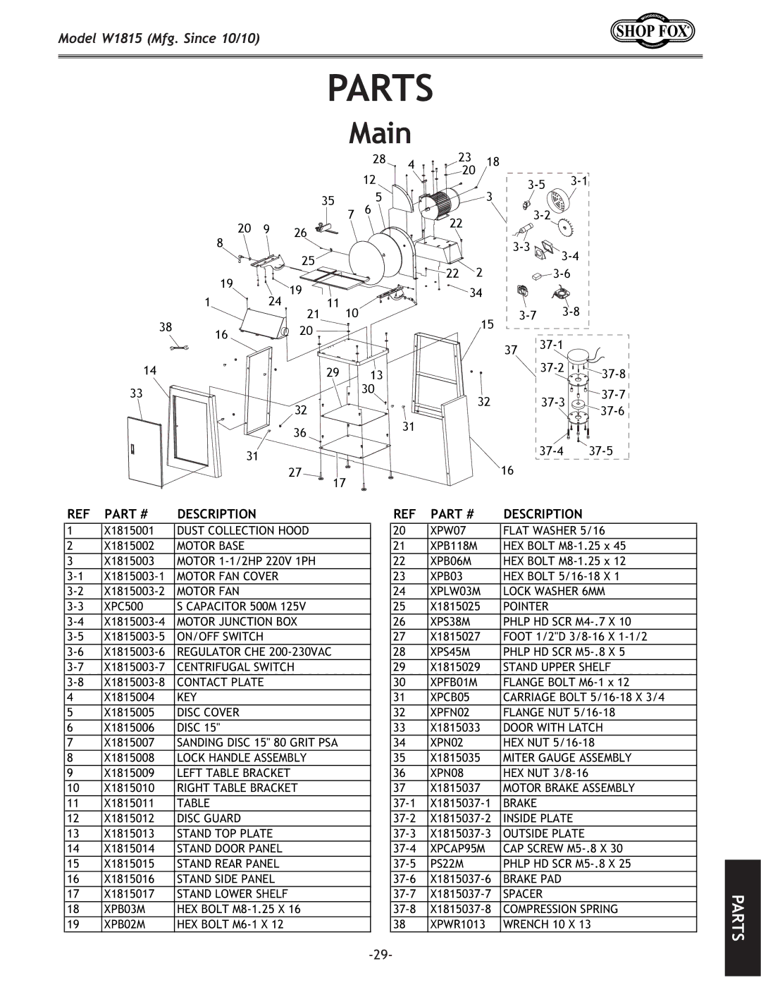 Woodstock W1815 manual Parts, Main 