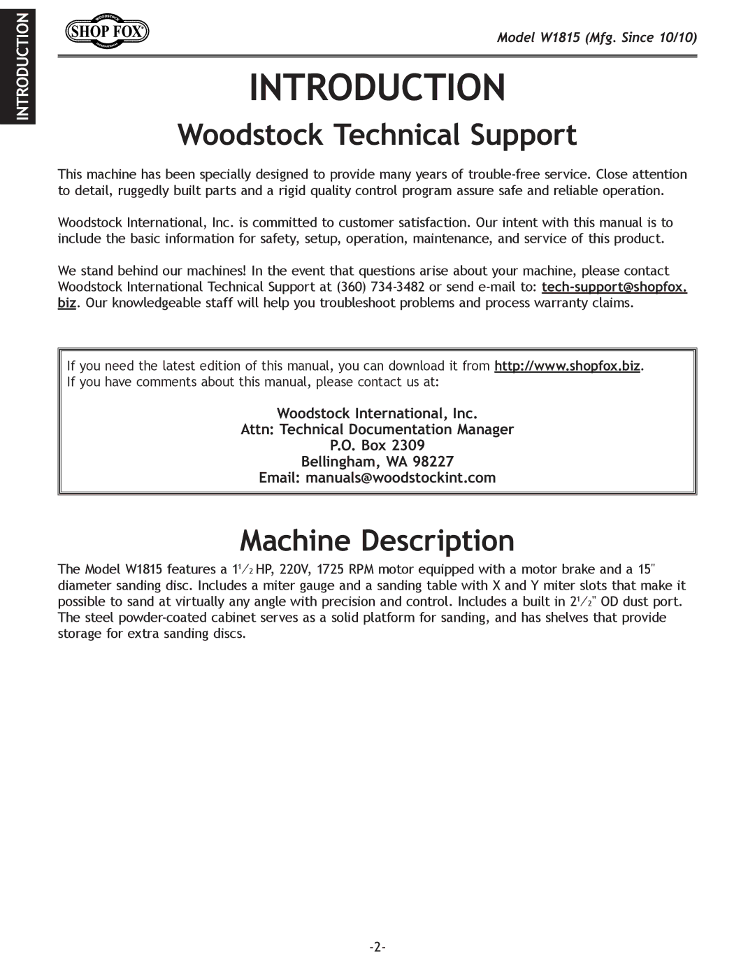 Woodstock W1815 manual Introduction, Woodstock Technical Support, Machine Description 