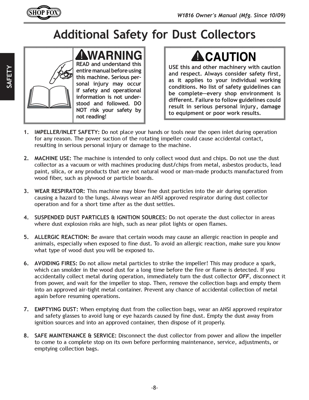 Woodstock W1816 owner manual Additional Safety for Dust Collectors 