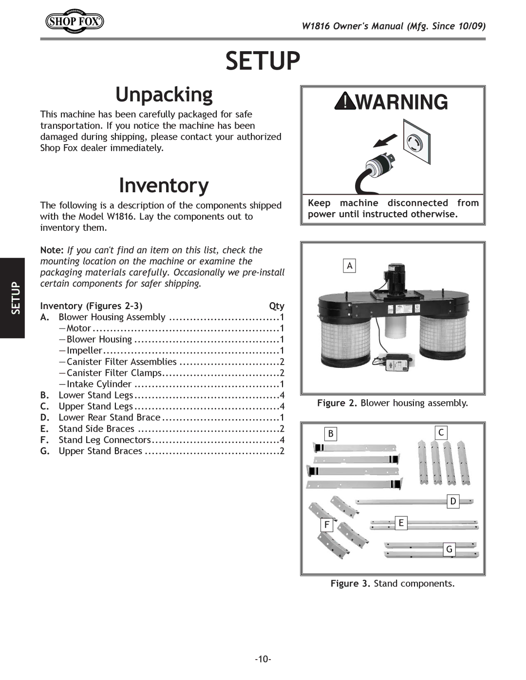 Woodstock W1816 owner manual Setup, Unpacking, Inventory Figures Qty 